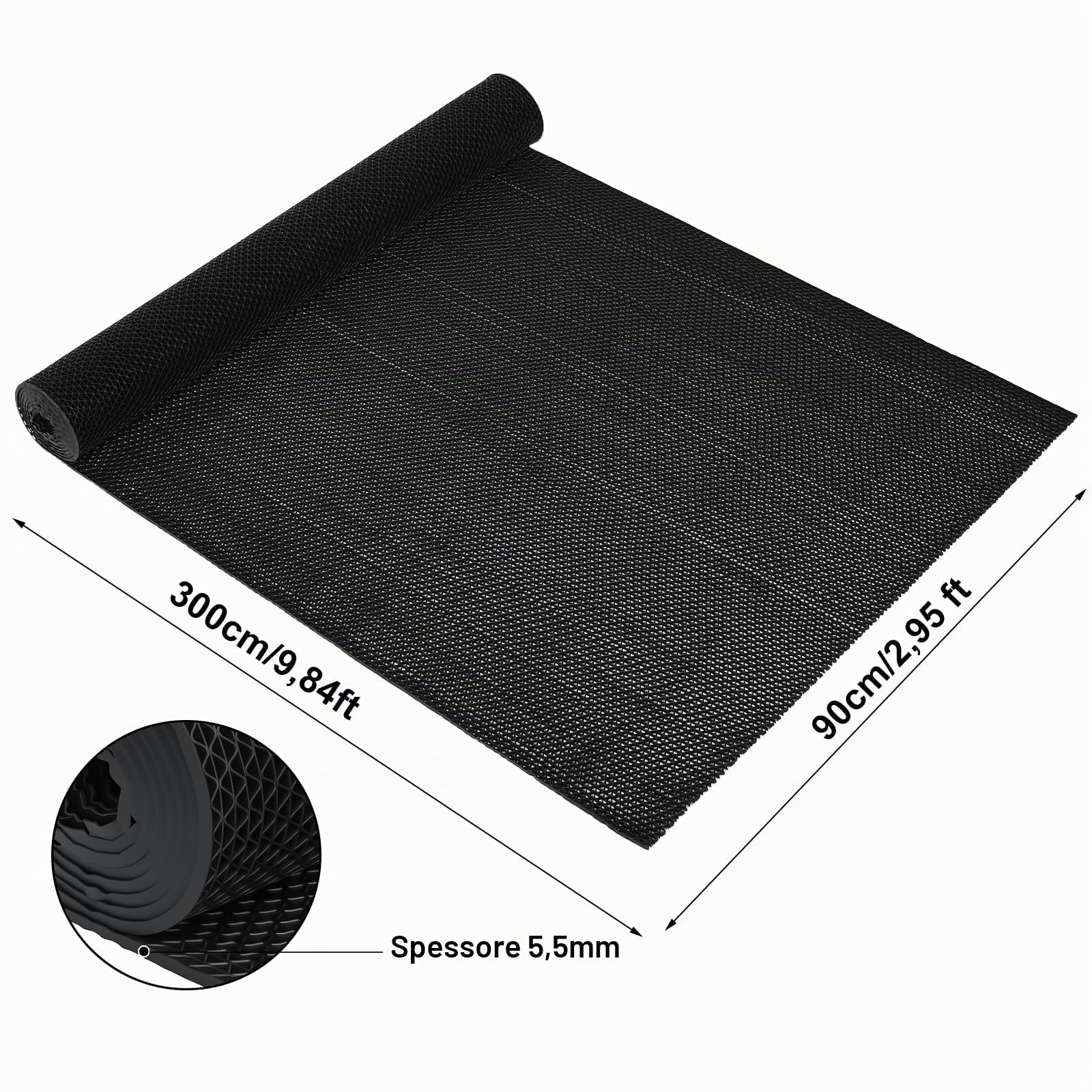 MYOYAY Tappetino drenante antiscivolo, 0,9 x 3 m, spessore 5,5 mm, tappetino a rete a S, con perforazioni, tappetino da bagno antiscivolo, adatto per bagno, garage e corridoio (nero)