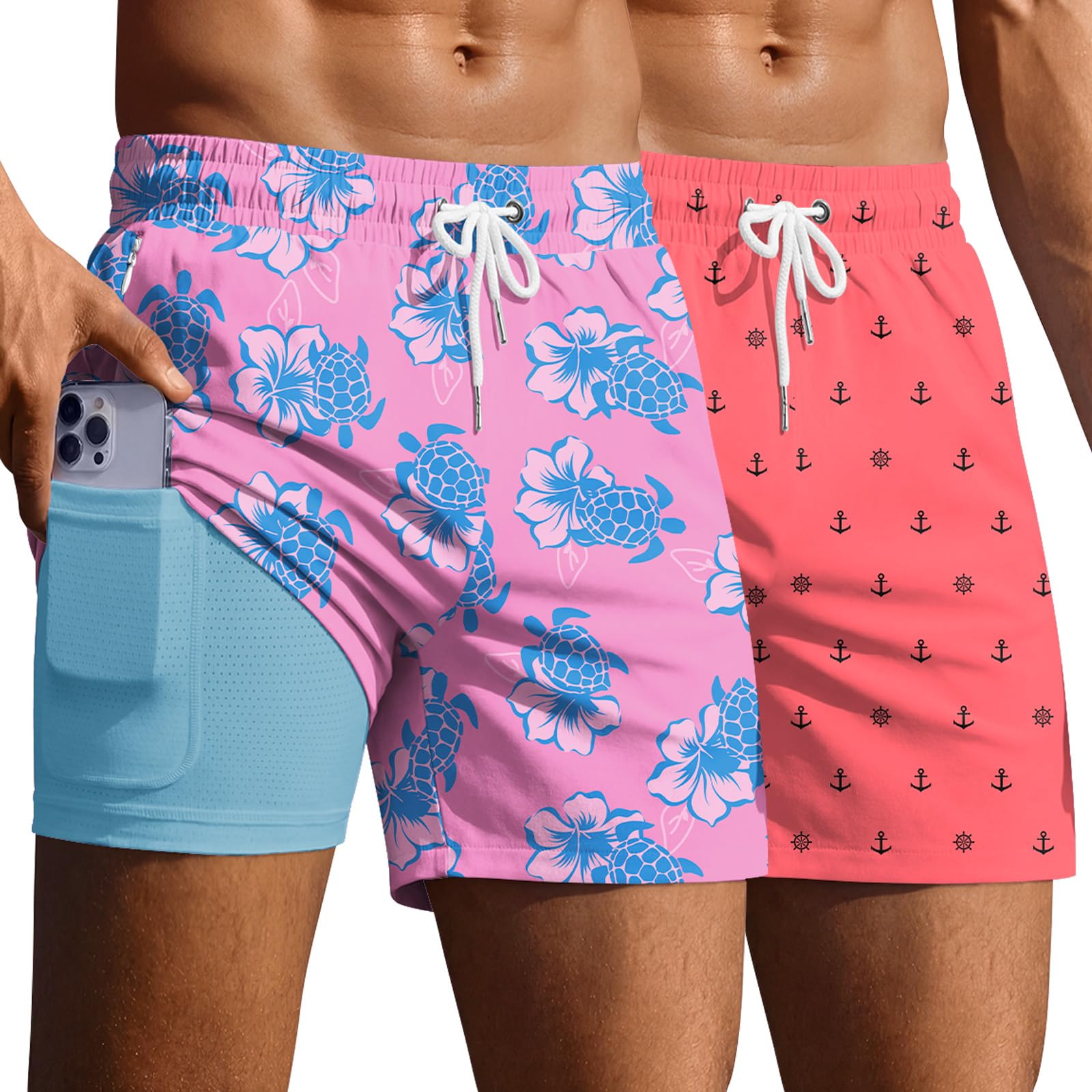 Ekouaer 2 Pack Men's Swim Trunks 5" with Compression Liner 2 in 1 Board Shorts Quick Dry Bathing Suit Swimwear Zipper Pocket — view 15