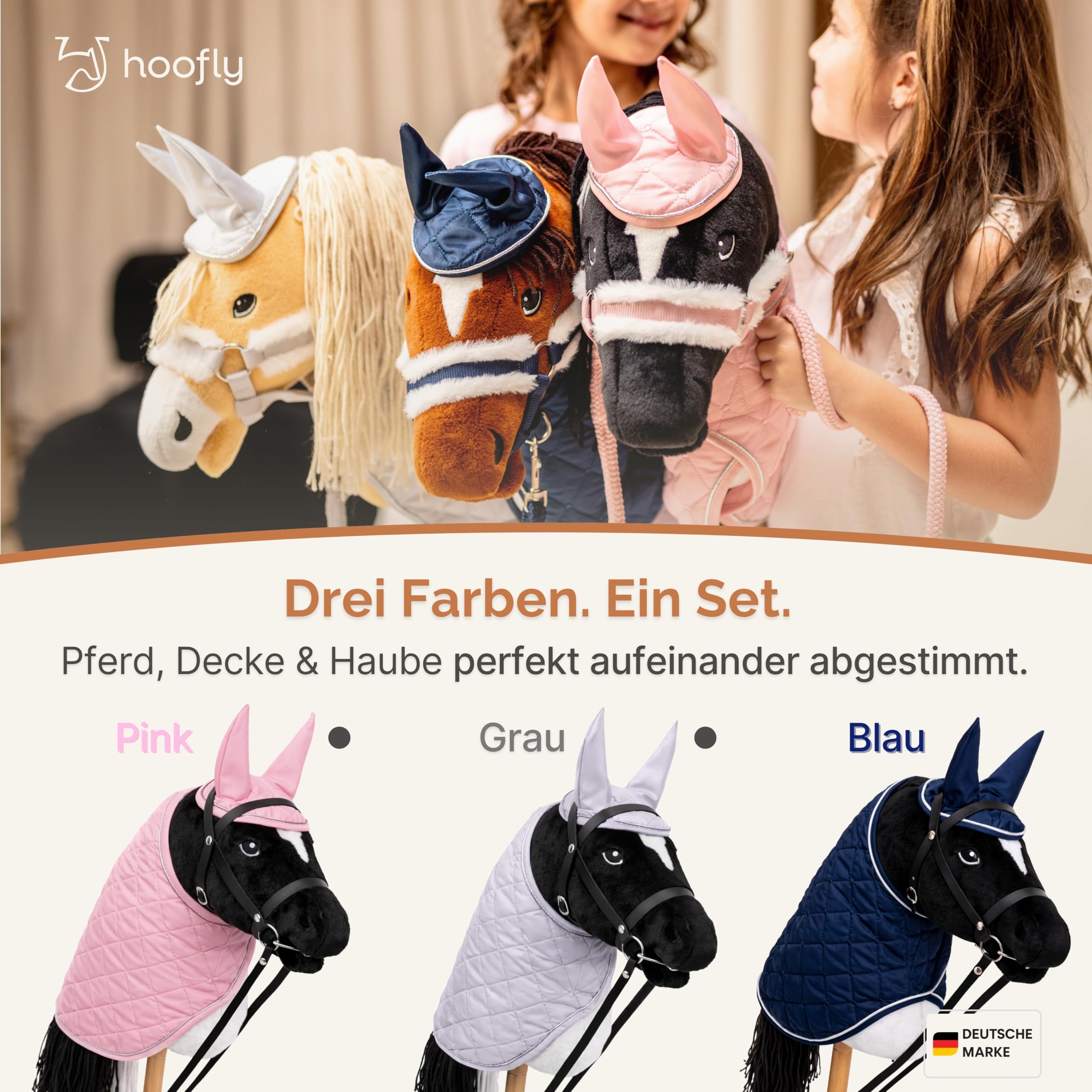 Hobby Horse Set – Großes Steckenpferd für Kinder mit Decke & Fliegenhaube | Komplettes Hobby Horsing Set mit Trense & 35 cm Schraubstab | Schwarzes Pferd – Blaues Zubehör