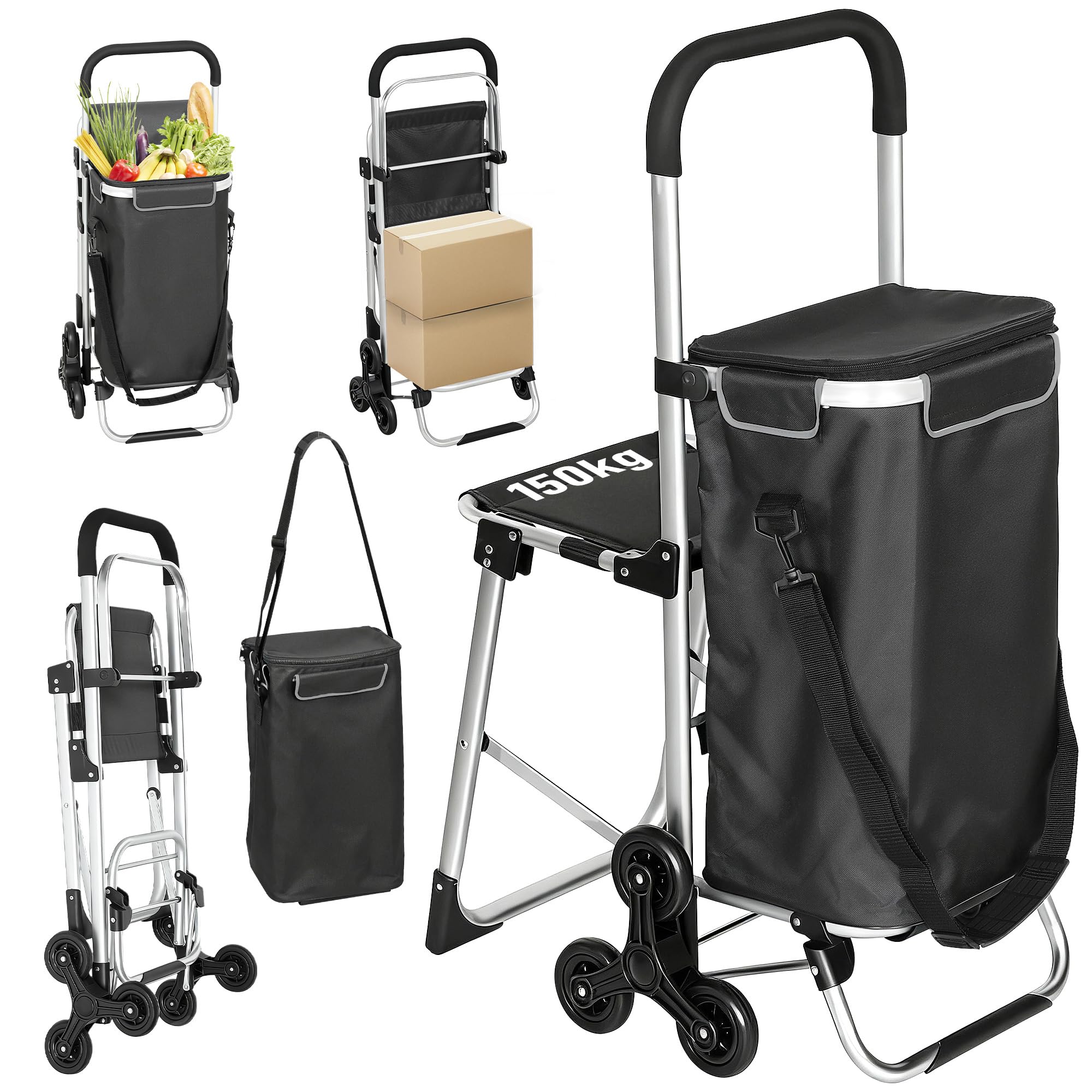 HOMCOM 3-in-1 Einkaufstrolley Klappbar mit Sitz 40L Kapazität Duneklgrau