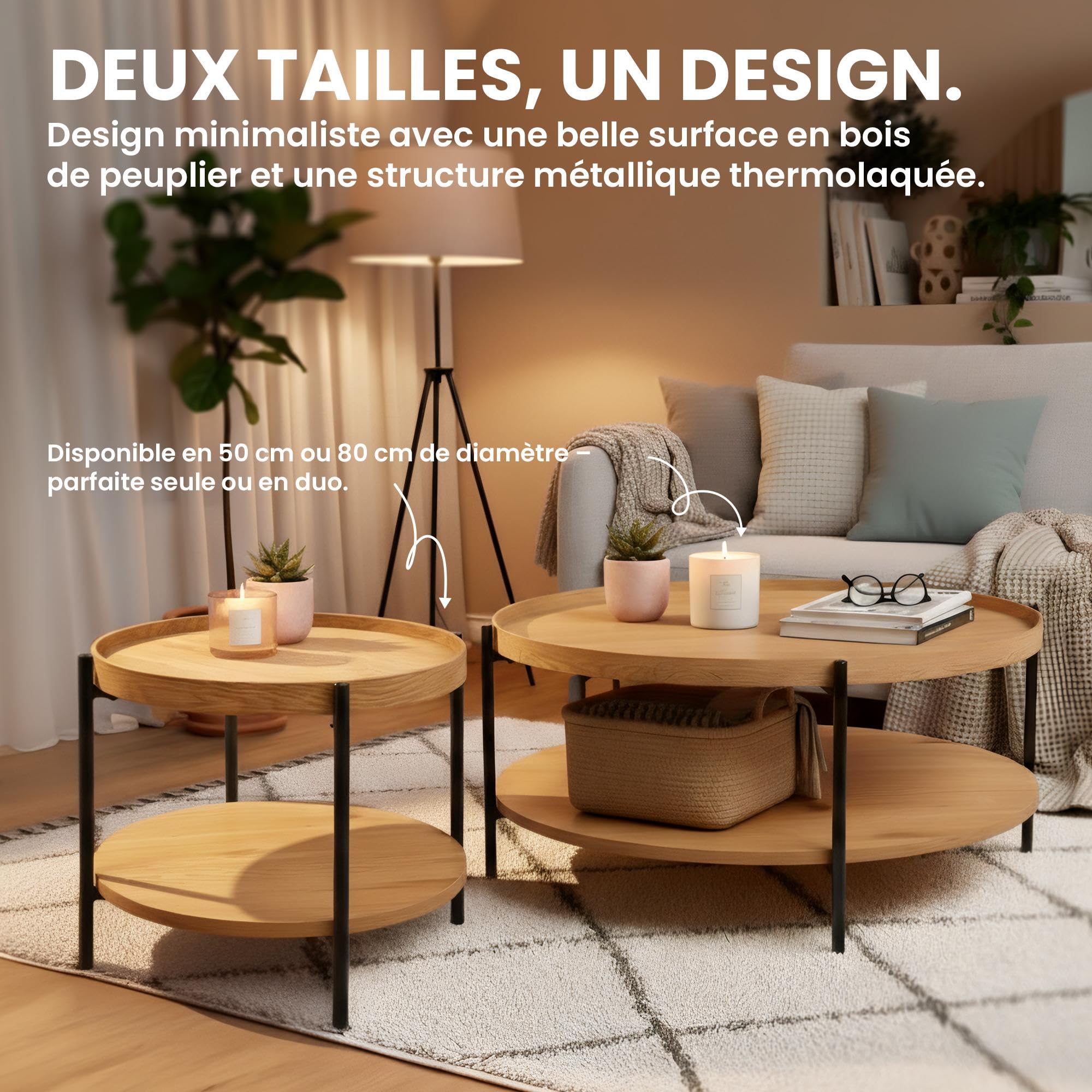 CLP Table Basse Ronde en Bois Corbitan, Table de Salon à 2 Niveaux avec Rangement, Petite Table d'appoint à Structure métallique Noire | Couleur Nature Taille