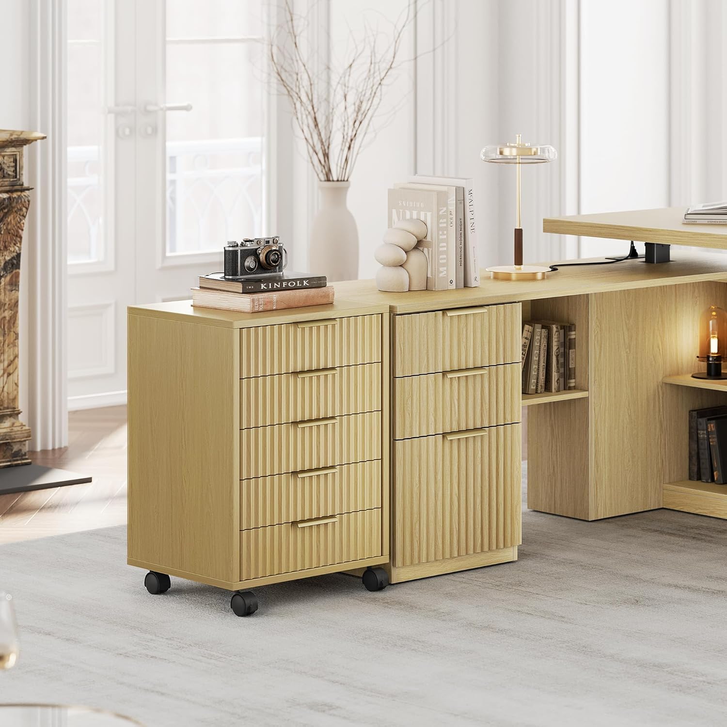 5 Drawer Chest, Under Desk Storage Wood Drawers with Wheels,Fluted File Cabinet for Home Office, Light Walnut