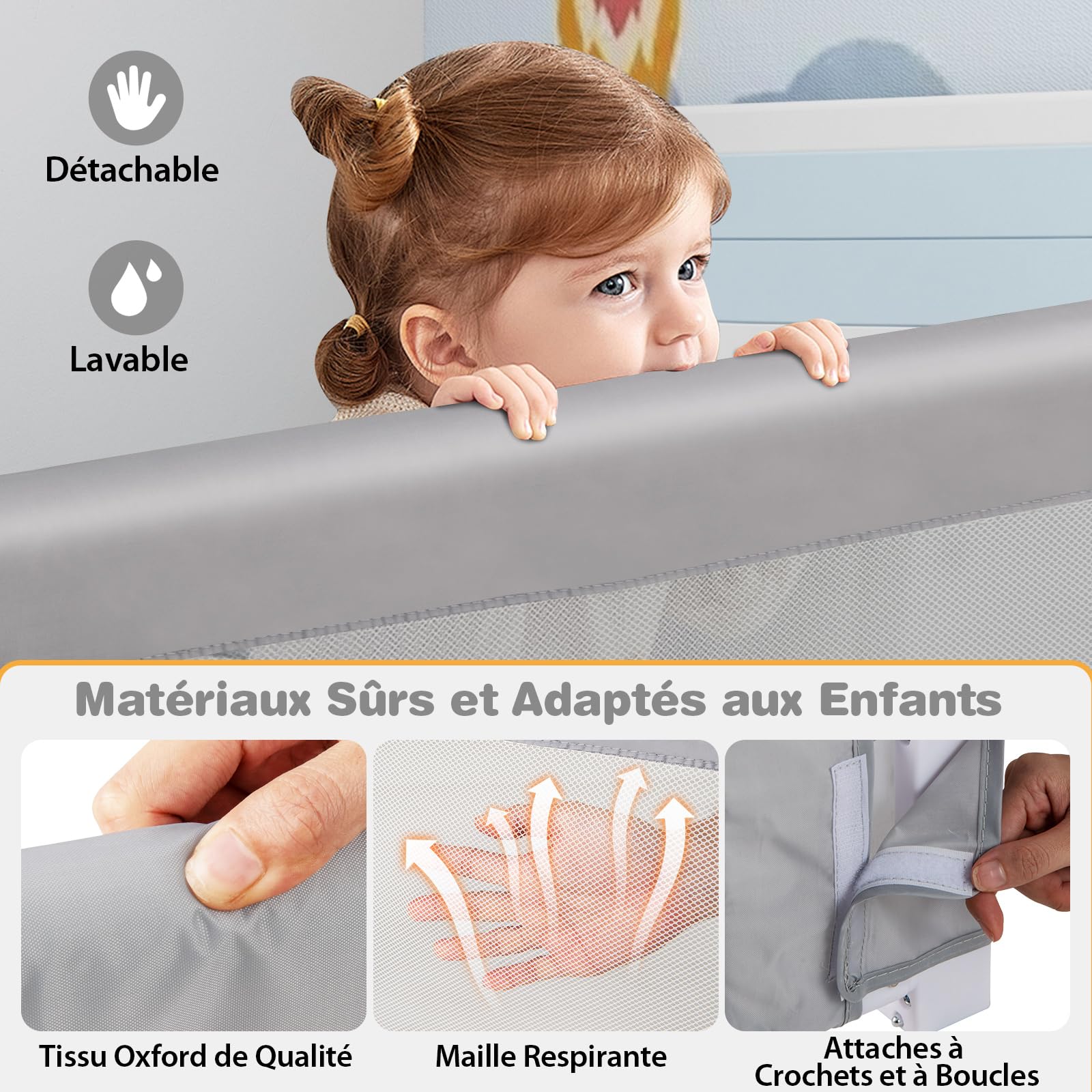 Barrière De Lit Bébé 152cm Pliable - Protection Anti-chute Rembourrée - Installation Facile