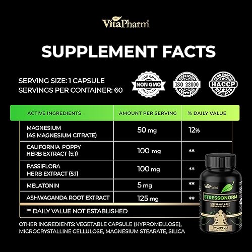 Miniatura 2 de VitaPharm Stressonorm - Suplemento de hierbas con magnesio, ashwagandha, passiflora y botánicos - 60 cápsulas - Sin OMG, fabricado en la UE
