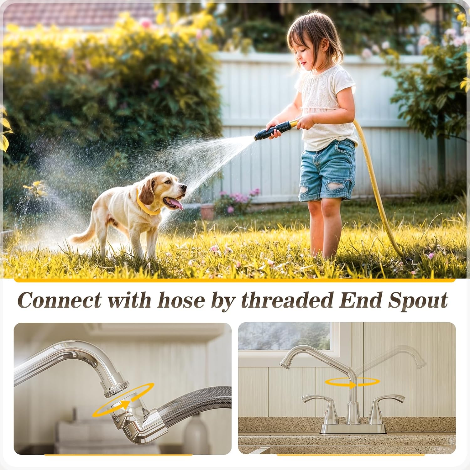 Phiestina Chrome Swivel Long Spout Bathroom Laundry Utility Sink Faucet with Garden House Threaded End-4 Inch Centerset,Lead-Free, Water Supply Lines,3 Hole Slop Sink Tub Faucet,LF180-C