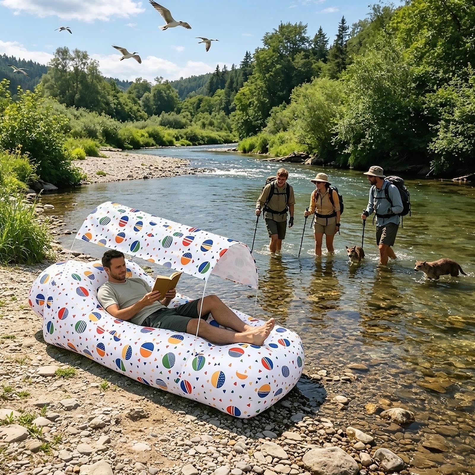 Aufblasbare Luftliege Aufblasbares Sofa mit Sonnendach | Garten- und Poolliege für Reise Urlaub Camping am Meer Wandern Picknick im Garten