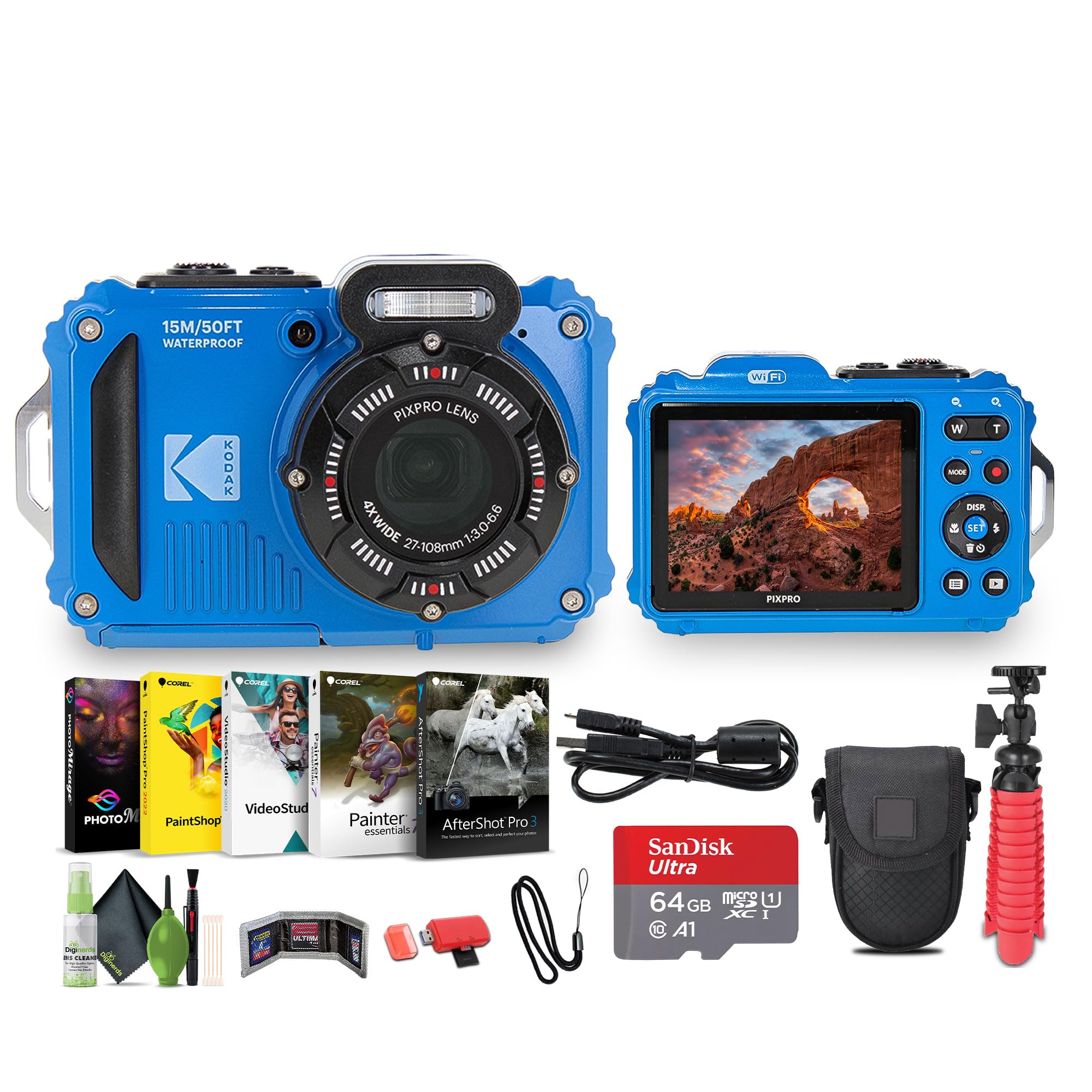 KODAK PIXPRO WPZ2 Rugged Waterproof Shockproof Dustproof WiFi Digital Vlogging Camera 16MP (Blue) Bundle with 64GB Memory Card + Vlogger Tripod + Bag + Cleaning Kit + More Accessories-image-0