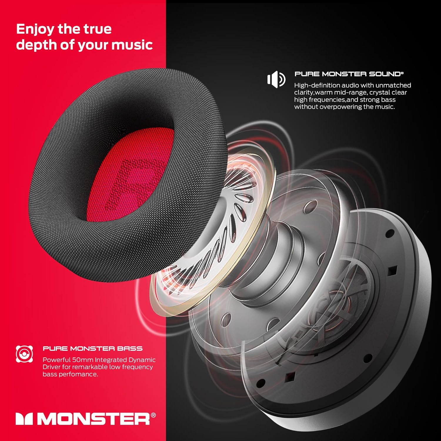 Monster Elements Air Wireless Bluetooth On-Ear Headphones, Ultra-Lightweight Headset with Detachable Pro Mic, Protective Case, Powerful 50mm Integrated Dynamic Driver, 60-Hour Play Time - Image 5