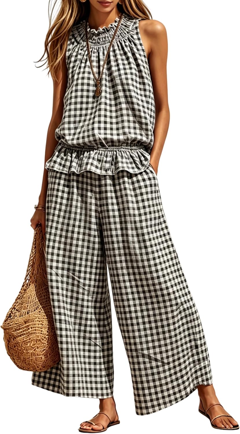 Tanming Women's 2 Piece Set Outfits Gingham Plaid Sleeveless Ruffle Top Wide Leg Pants Summer Casual Beach Vacation Sets