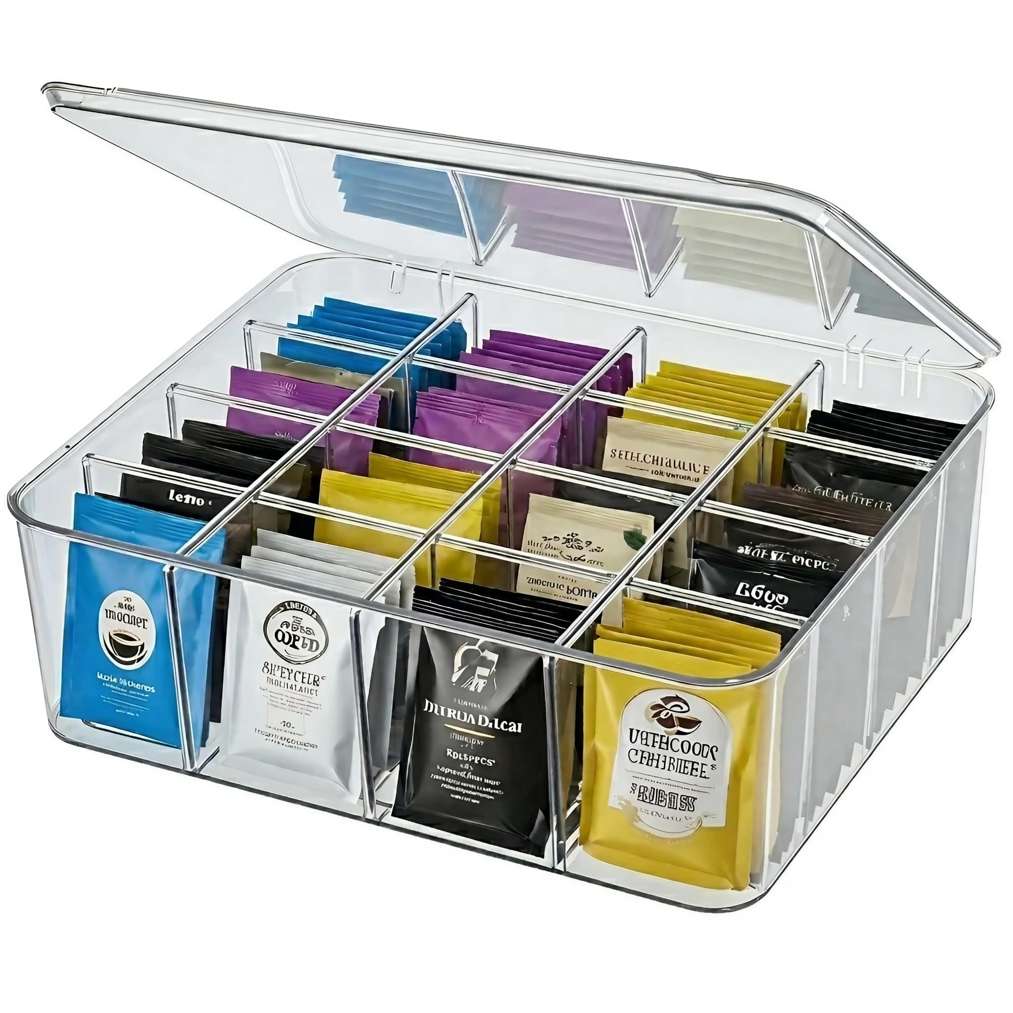Photo 1 of Rasydyn Tea Bags Organizer: Extra Large Tea Bag Holder with Lid - Drink Packets Organizer for Cabinet, Counter, Countertop, TeaBag Holder for 16 Different Types (Large)