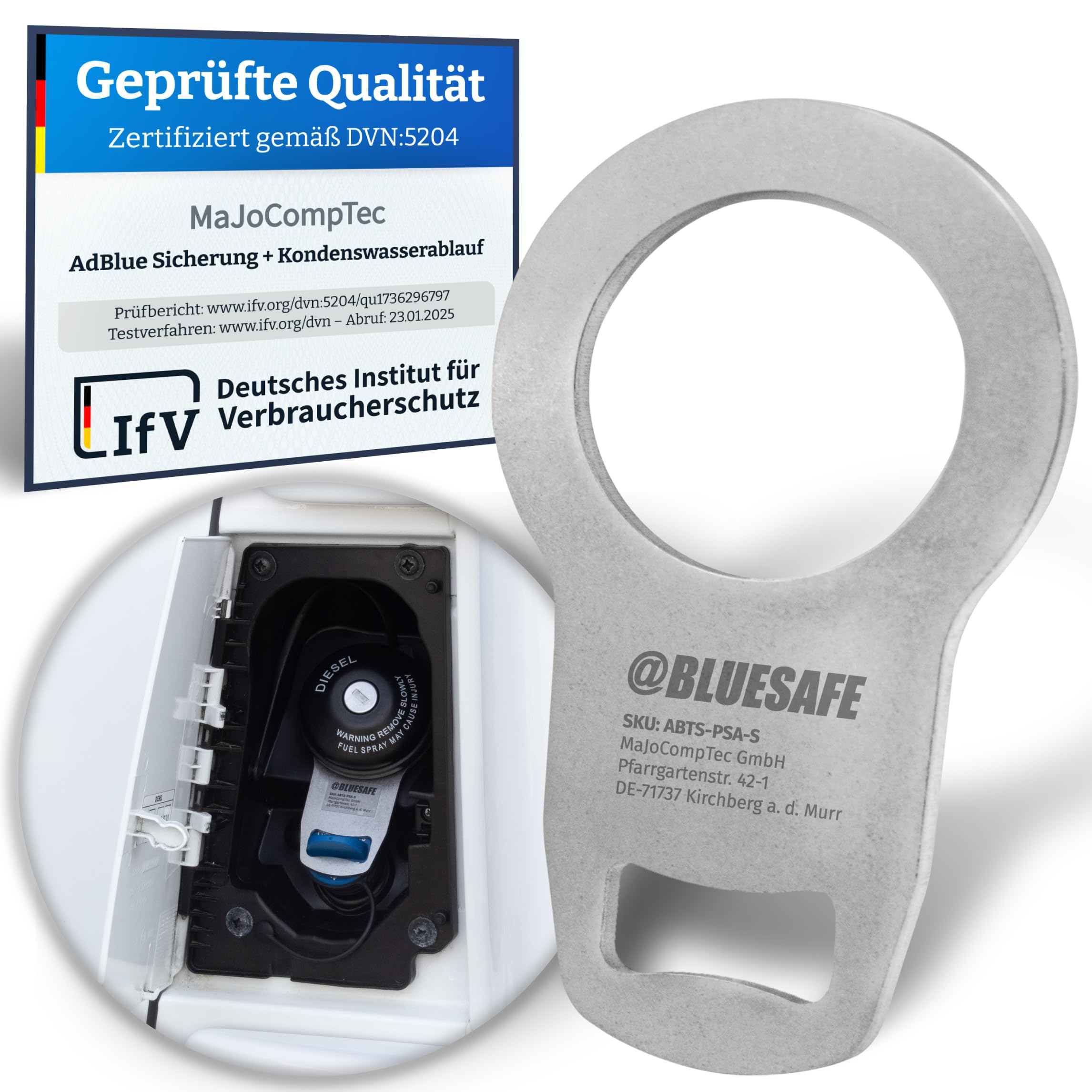 MaJoCompTec® ADBLUESAFE Tankdeckel Sicherung I Tanksicherung für AdBlue Tankverschluss Deckel I Zubehör Kastenwagen Camping Wohnmobil (Edelstahl Version, Sicherung Boxer + Jumper + Ducato)
