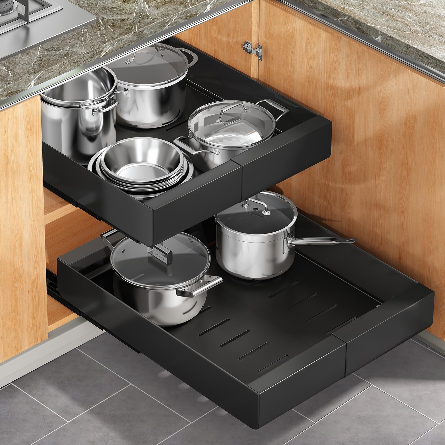 2 Pack Pull out Cabinet Organizer, Expandable(9"-14") Heavy Duty Slide out Drawer Fixed with Adhesive Nano Film for Pots, Roll out Shelf Storage for Kitchen Organization, Pantry, Bathroom(Black)