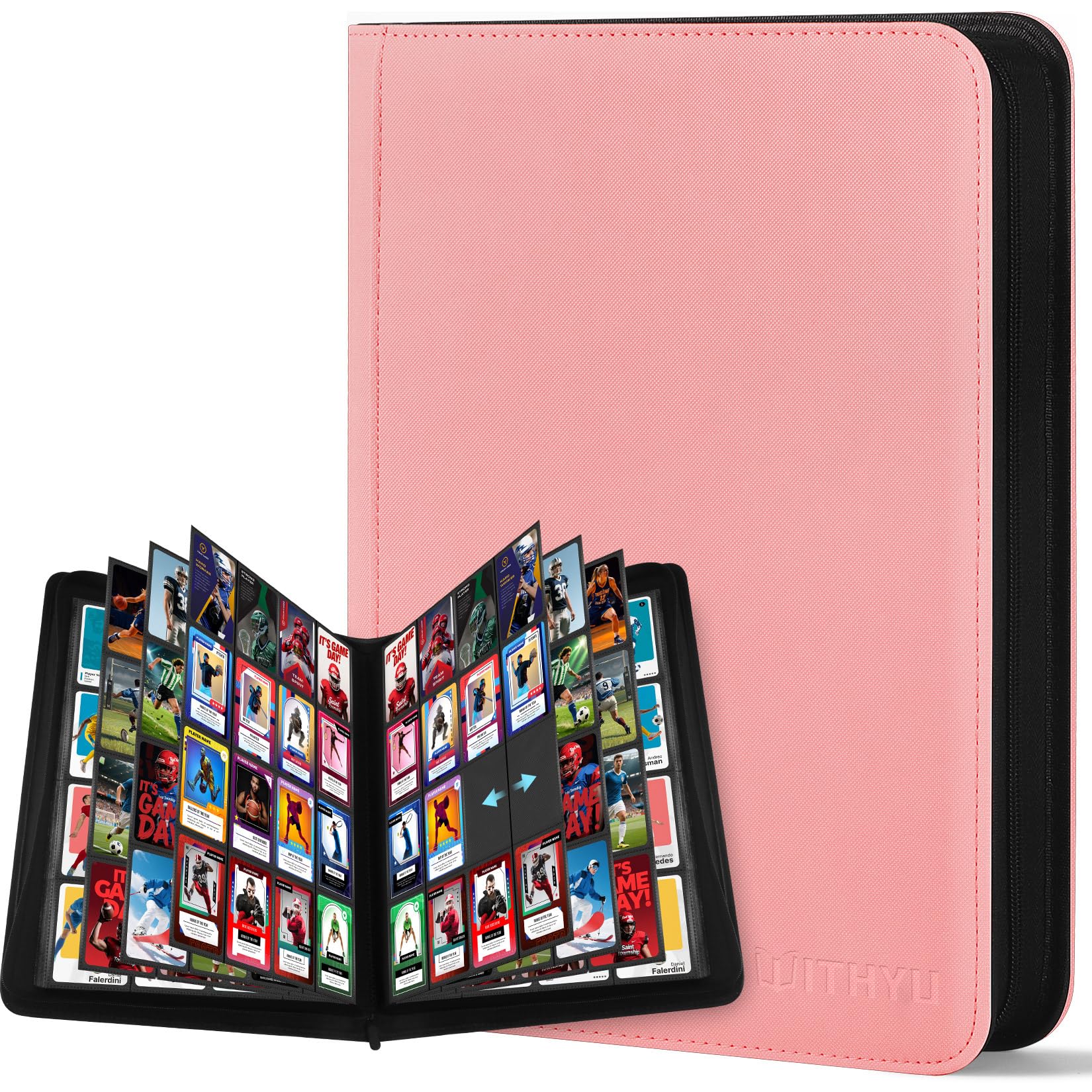 WITHYU Album da Collezione per Carte - 32 Pagine Capacità 1024 Carte, Portacarte Impermeabile & Antigraffio con Tasche Laterali per TCG/Gioco/Sport, Design Senza Anelli con Zip (Rosa)