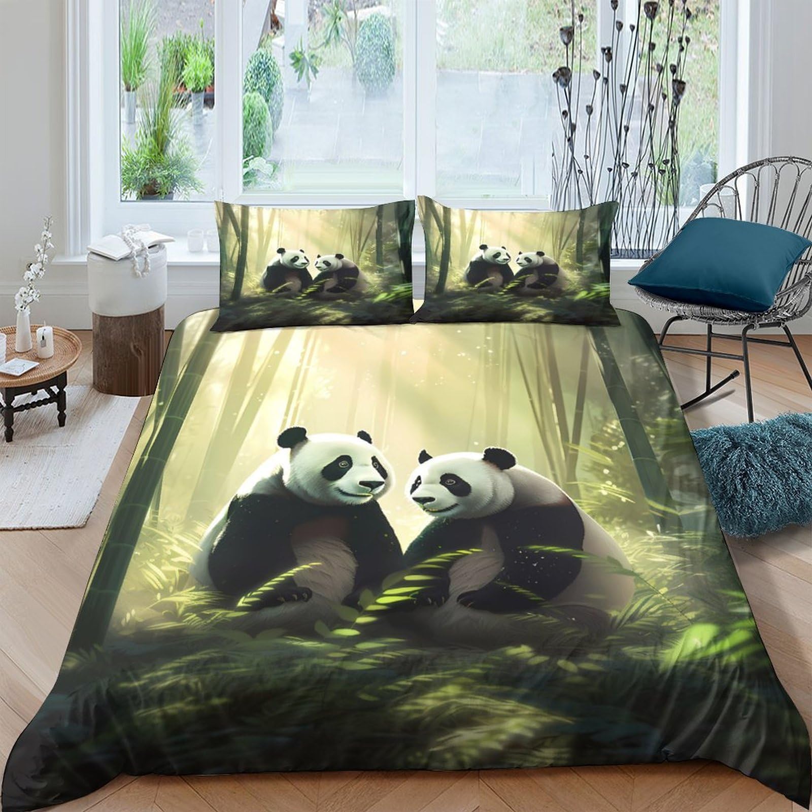 Panda-Pärchen 3D-Druck 3er-Set Steppbezug Waldszene-Kunst Bettdeckenbezug Mikrofaser Reißverschluss Atmungsaktiv für Jungen Kinder Frauen Super King（260x220cm）