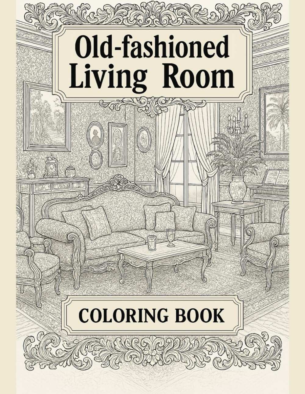 Old-fashioned living room - Coloring Book: A Colorful Journey into the Elegance of Bygone Eras - 40 Illustrations of Vintage Living Rooms for Ultimate Relaxation