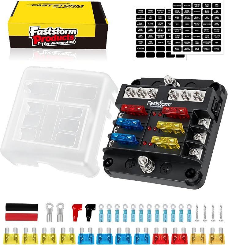 Caixa de fusíveis FASTSTORM 6 vias 12–24 V com indicador LED – Kit com 12 fusíveis