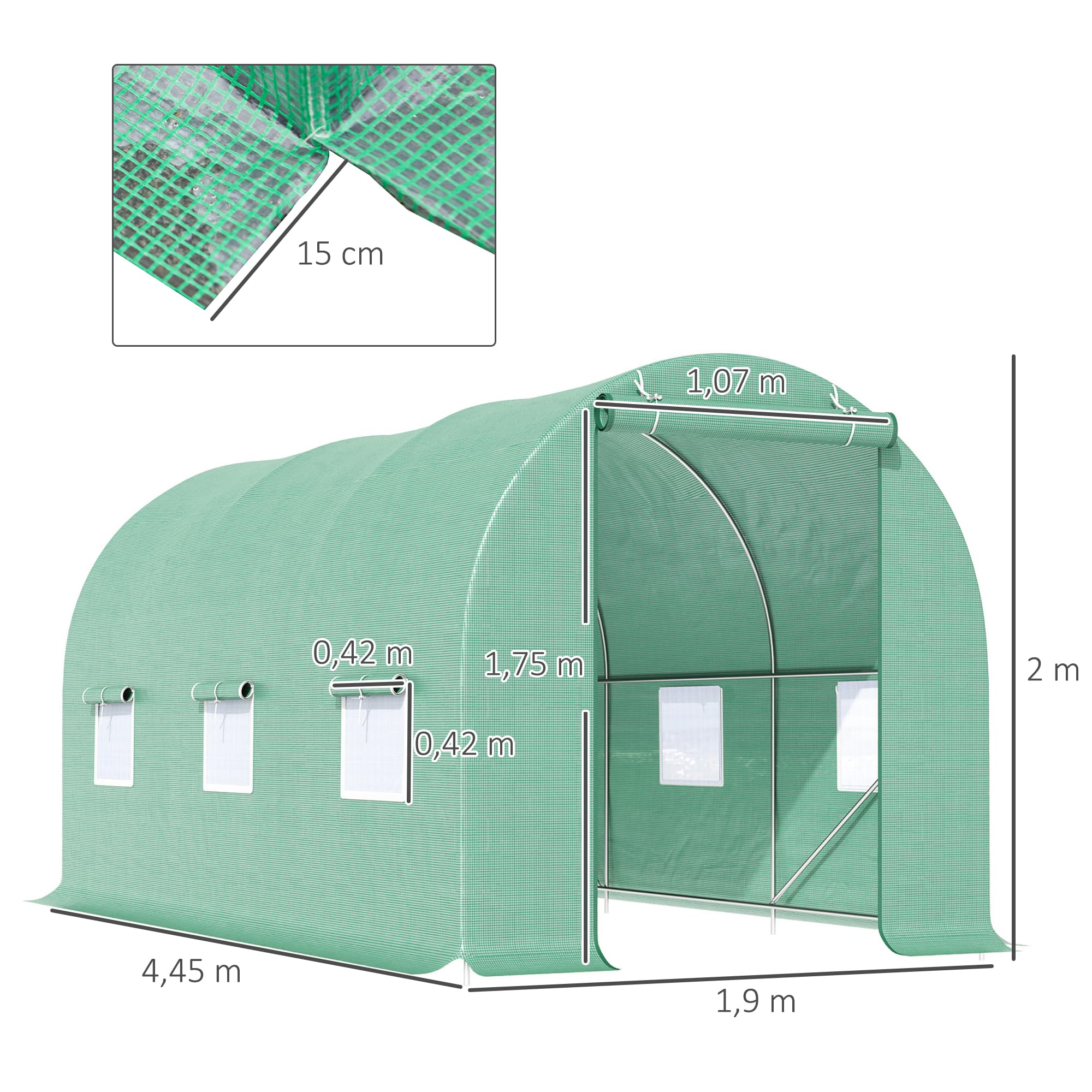 Outsunny Invernadero de Exterior 4,45x2x2 m Invernadero de Túnel con Cubierta de PE 140 g/m² para Cultivo Plantas Verduras Frutas en Jardín Terraza Verde