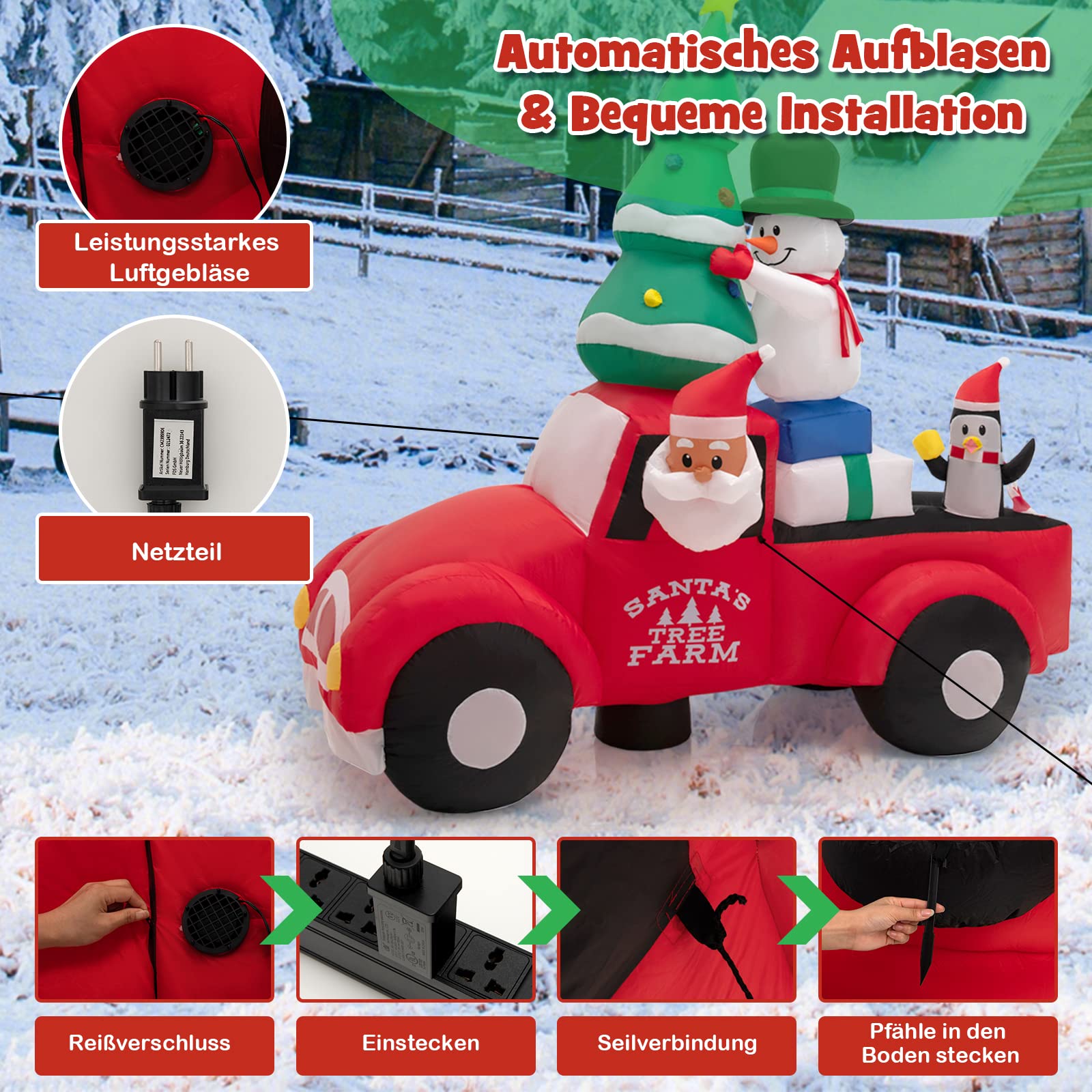 COSTWAY Aufblasbarer Weihnachtsmann fährt EIN Auto, LED Weihnachtsdekoration mit Schneemann, Weihnachtsbaum, Geschenk, Pinguin, Winterdekoration Polyester, für Hof Rasen Garten, Selbstaufblasend