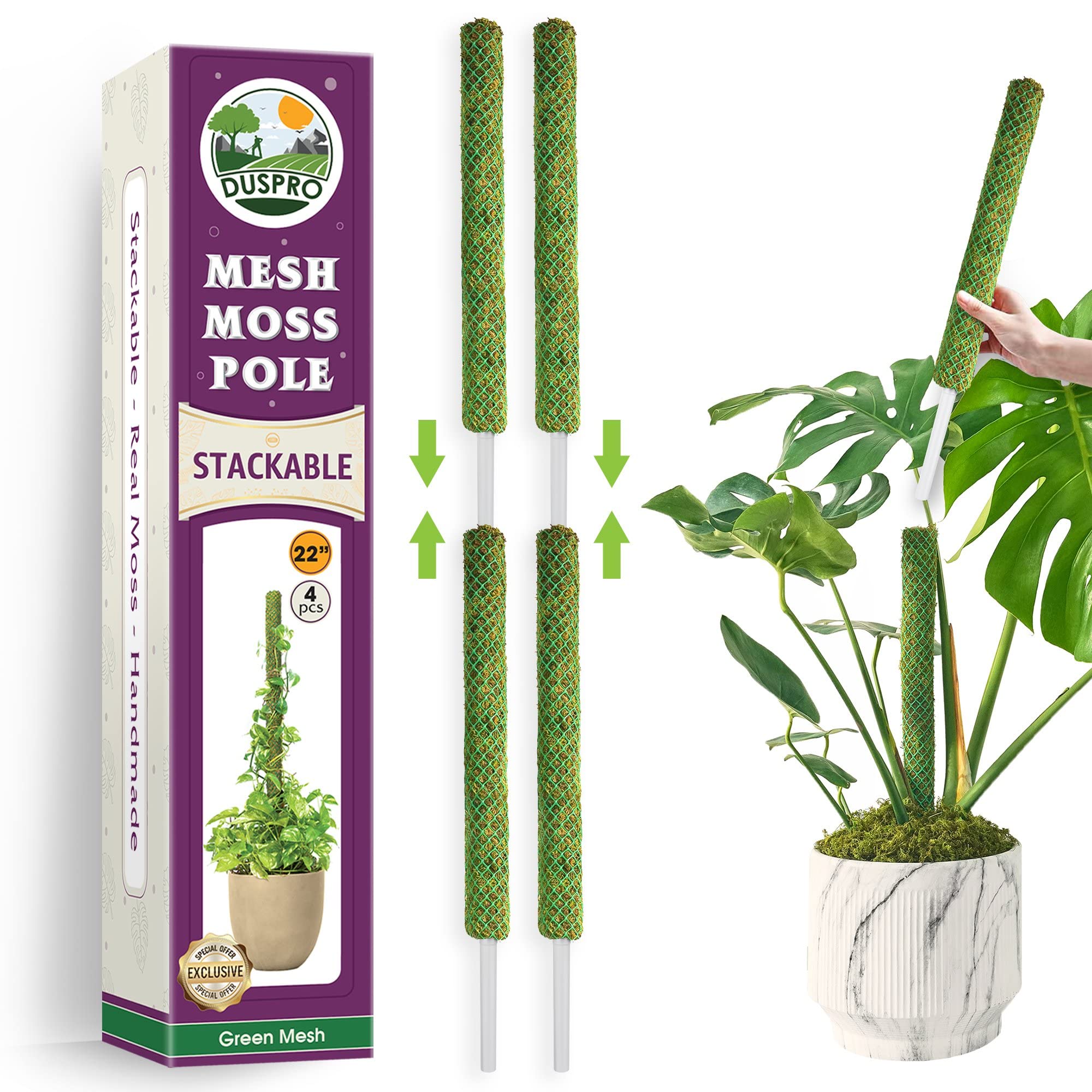 DUSPRO Stackable Mesh Moss Pole for Plants Monstera Potted Plant Stakes for Indoor Plants Extendable Plant Pole Moss Sticks for Plants Climbing Vine Supporting Monstera Trellis 4Pack 71''