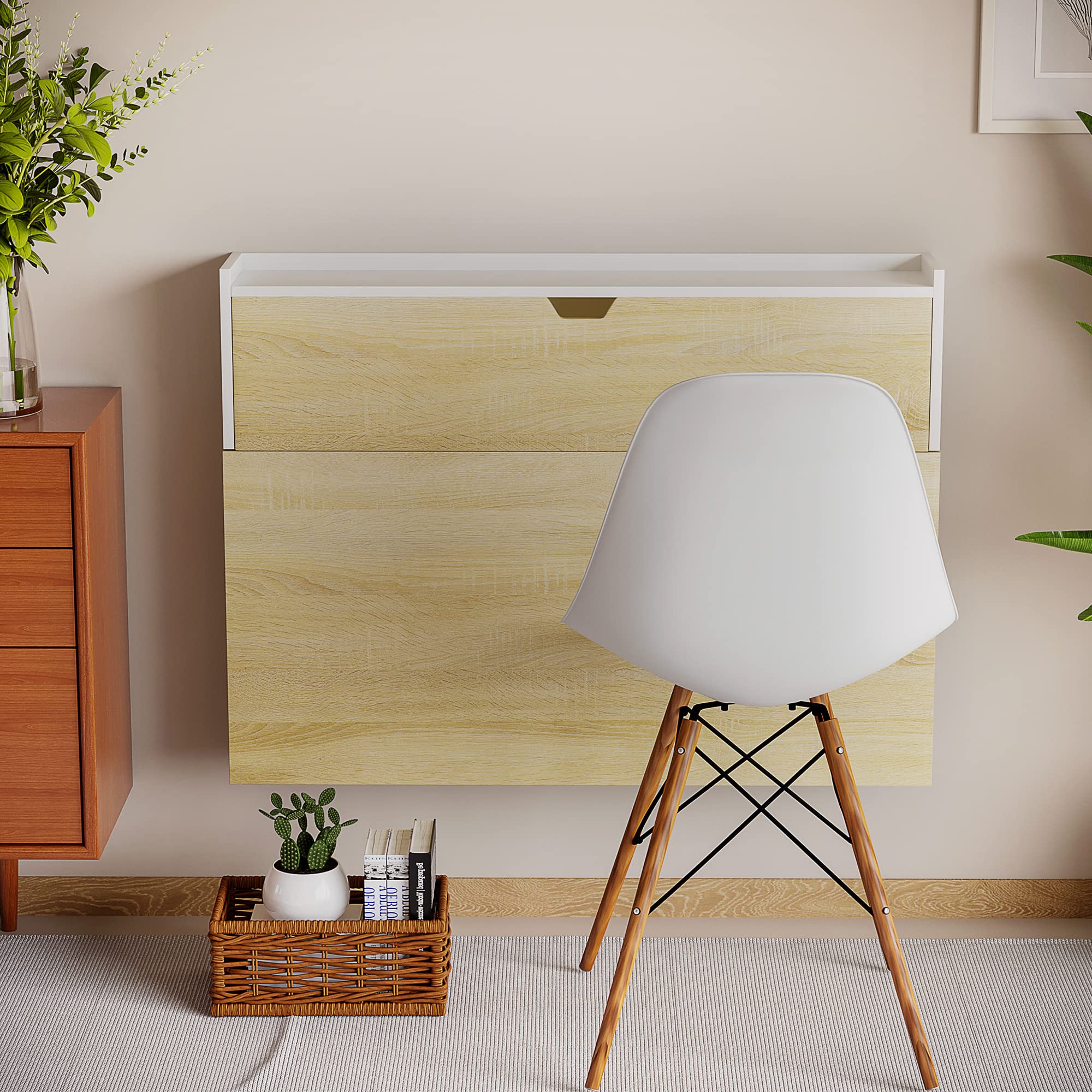 HOMCOM Escritorio Plegable de Pared con estantes Efecto Madera Natural