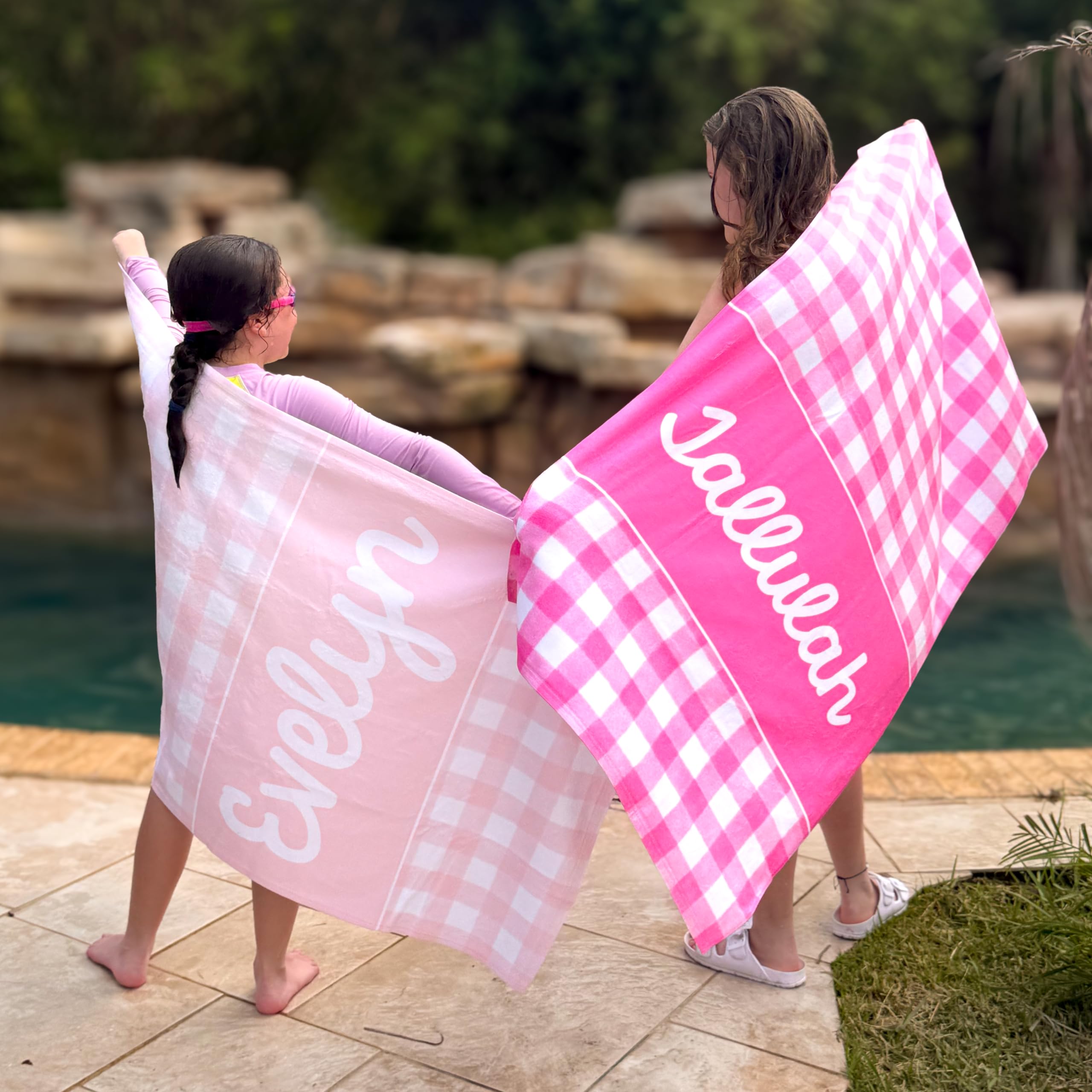 Girls Love A Monogram Personalized Pink Blue Gingham Beach Towels for Adults, Monogrammed SwimmingTowels, Custom Pink Blue Beach Towels (Gingham 24, Adult)
