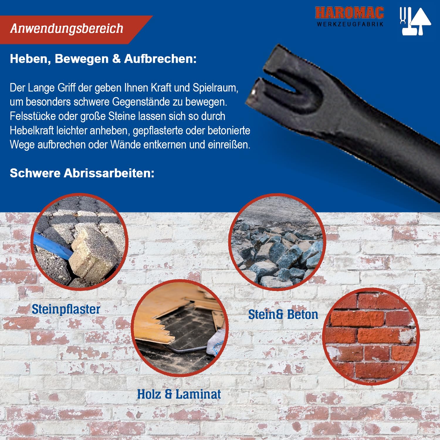 HAROMAC Brechstange doppelseitig mit Spitzmeißel & Nageleisen-Kuhfuß, Hebeleisen lang 125x3cm, gehärterter C45 Stahl, Abbruchwerkzeug für Abrissarbeiten, Brecheisen für schweren & harten Materialien