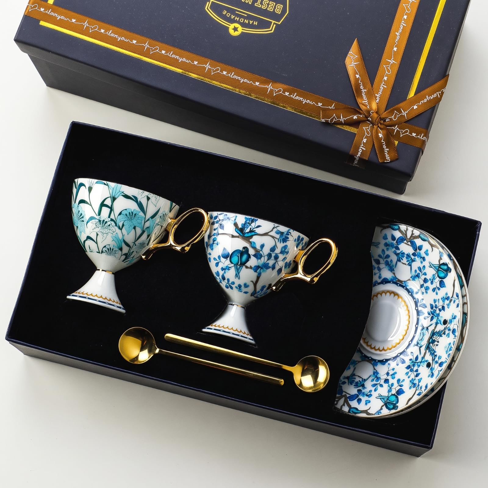 harayaa Juego de Tazas de Té con Platillos Tazas Platillos Cucharillas Cerámica con Florales y Aves Tono Dorado 220 Ml Adecuado para Té Sala de Estar Colección Regalo