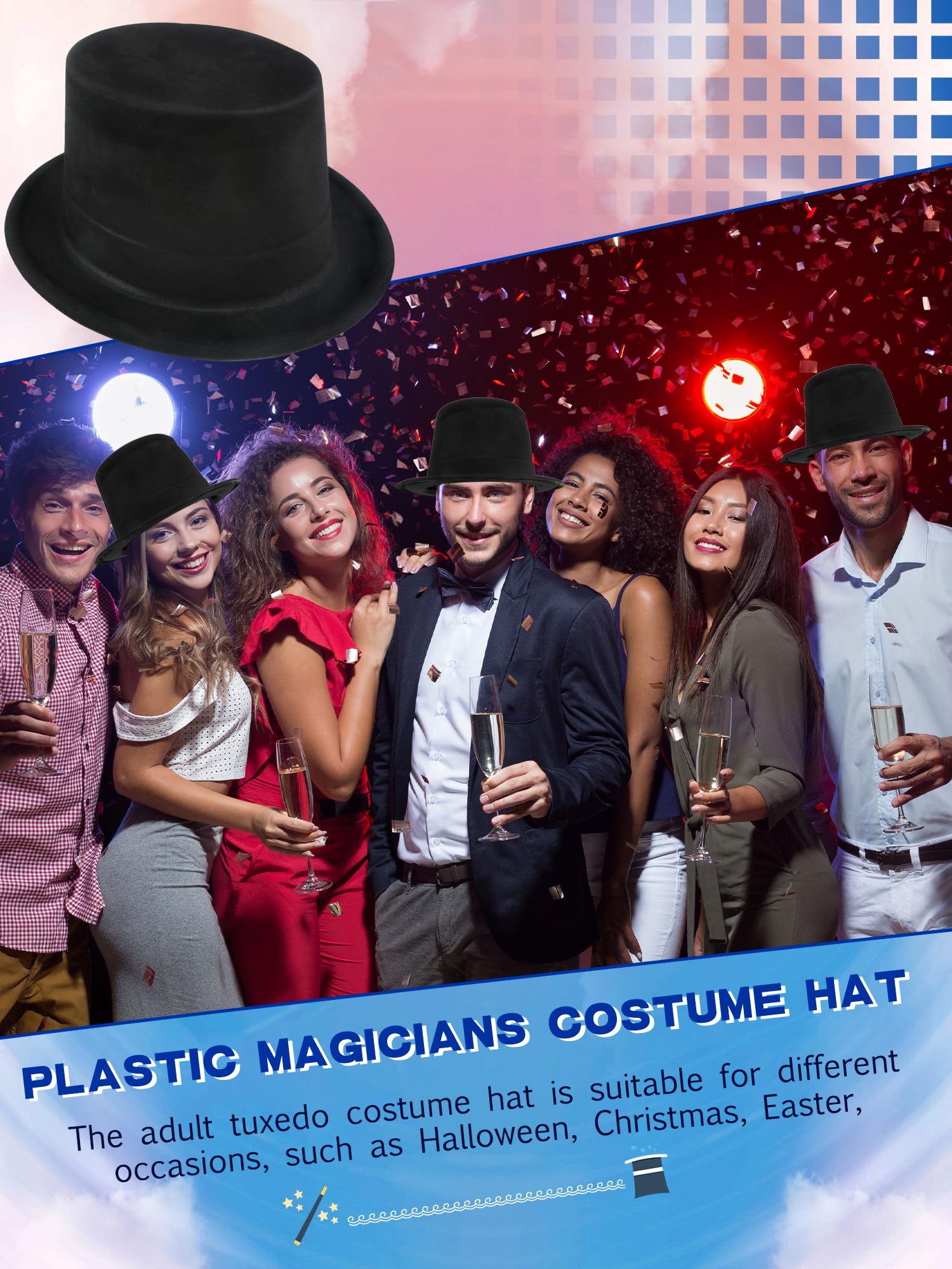 SGBETTER 8 Pack Adults Black Top Hats Plastic Magician Hat Costume Party Hat Top Hats Bulk for Party Dress Up Supplies - Image 4