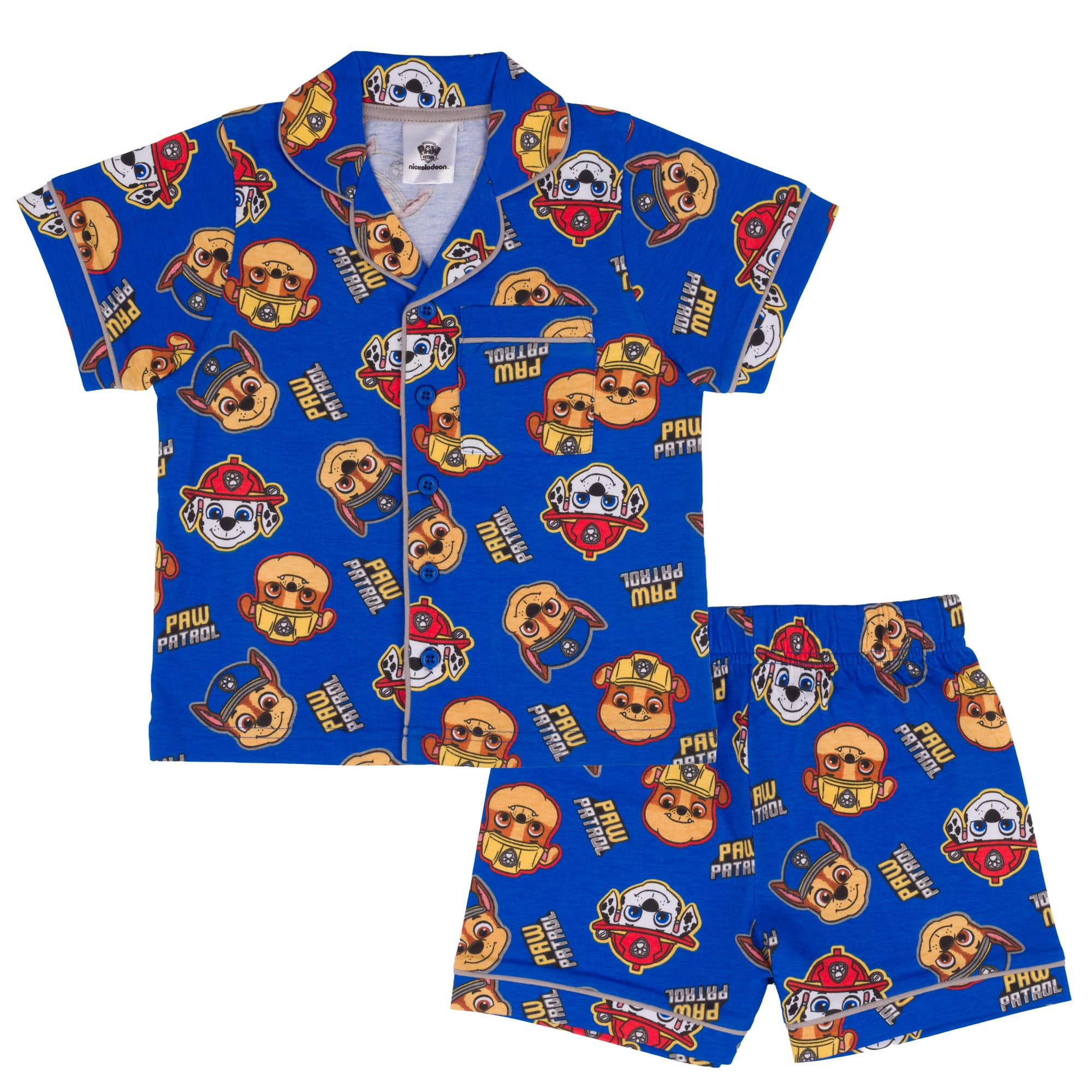 Paw Patrol, Chase Marshall Rubble, 100% Cotone con Bottoni Pigiama a Maniche Corte, Blue, Blu