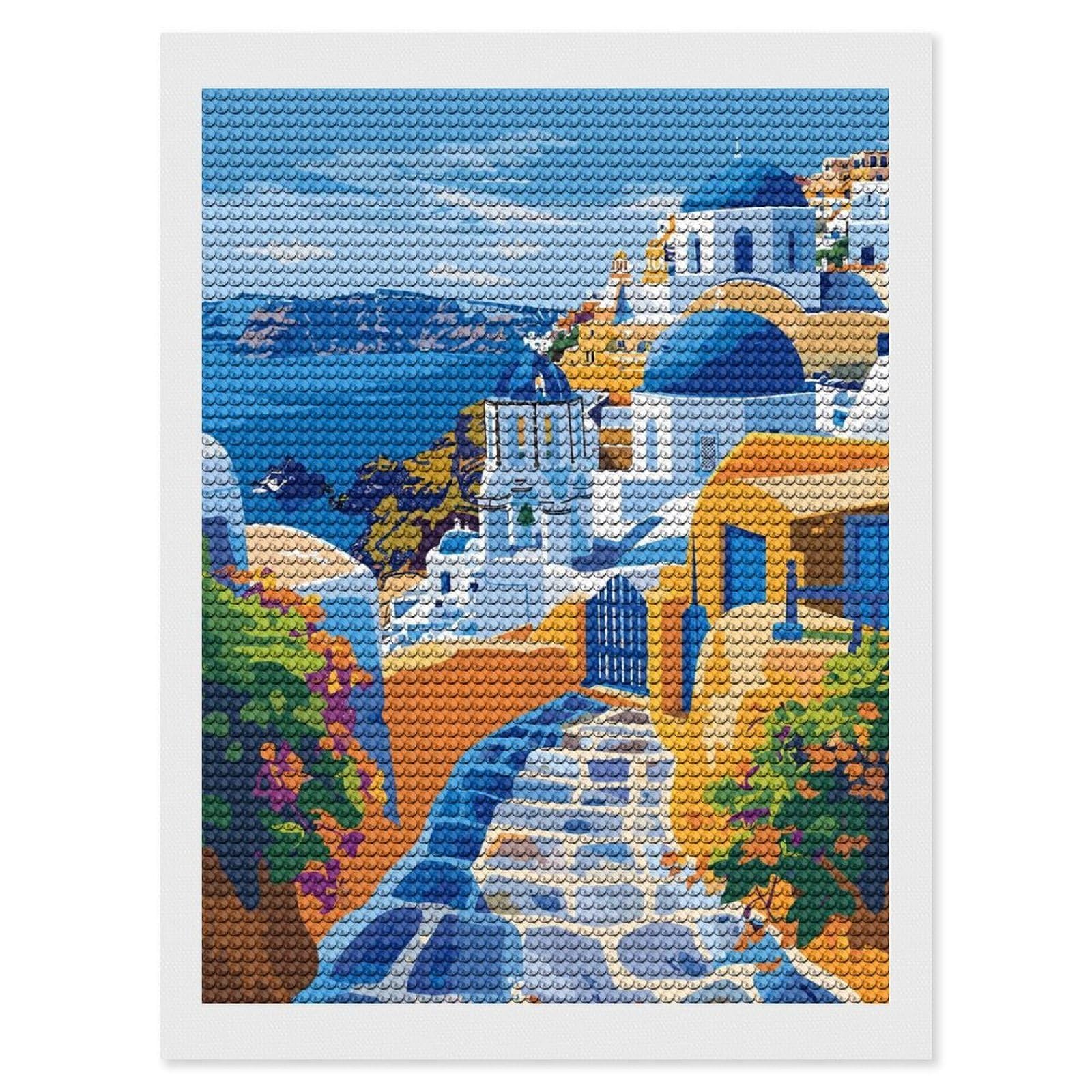 Junmoney Greek Island Santorini Diamond Painting Set 12"x16", for Beginners, Modern Decor, Simple to Start, Gift Idea, Pleasing Wall Art Project