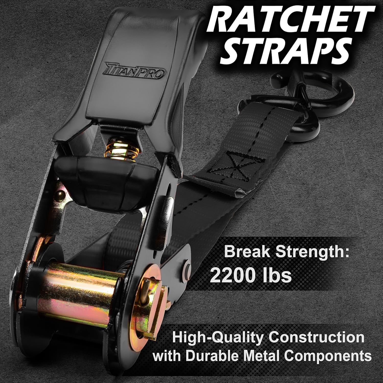 TitanPro Heavy Duty Ratchet Straps 4-Pack - 2,200lb Break Strength, 1" x 15' Rachet Tie Downs with Padded Handles - Heavy Duty, Truck, Motorcycle, Moving Straps (Black) - Image 2
