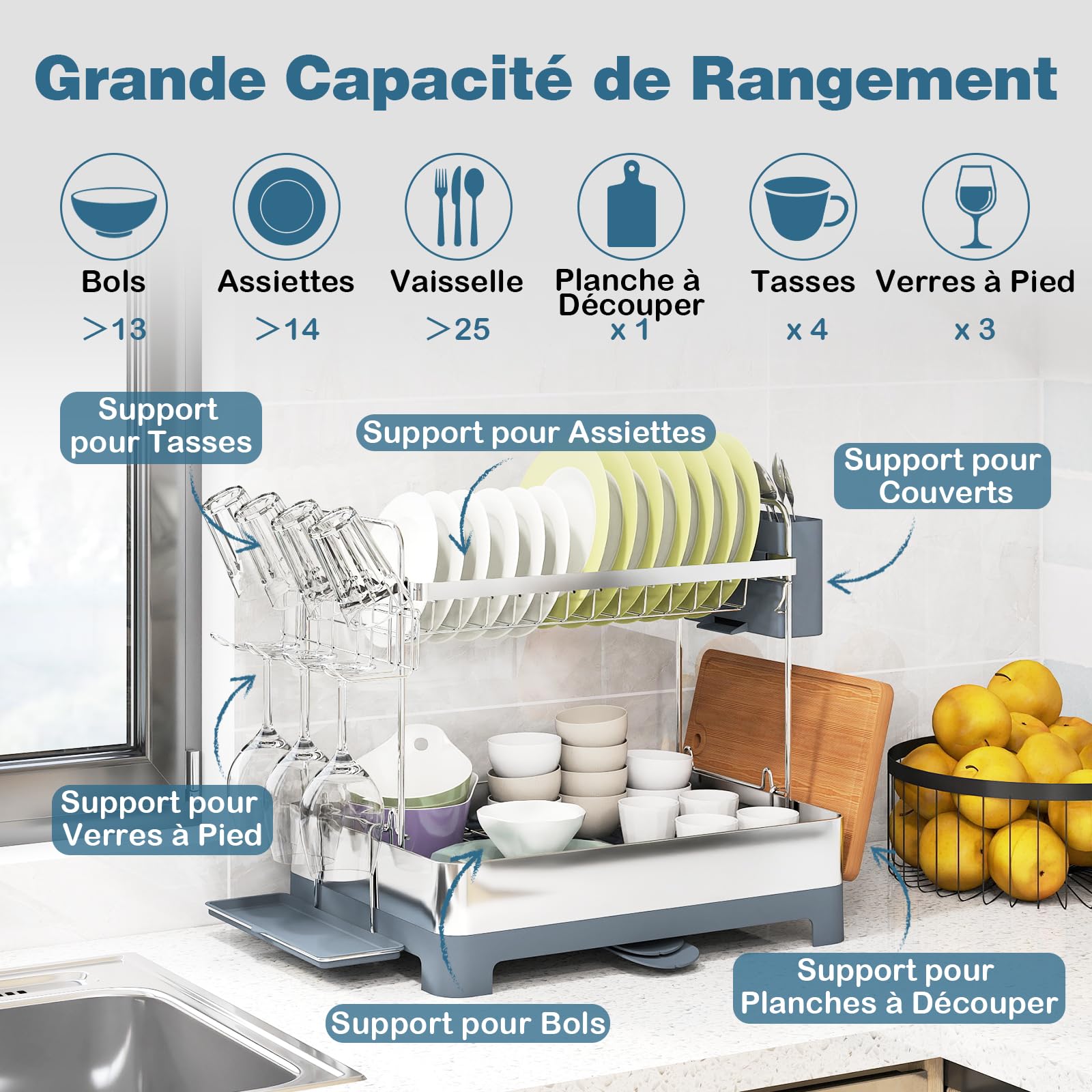 COSTWAY Égouttoir à Vaisselle en Acier Inoxydable, Égouttoir à Vaisselle à 2 Niveaux avec Bac d'Égouttage, Seau & Porte-Couverts, Bec Extensible et Pivotant, Organisateur pour Ustensiles de Cuisine