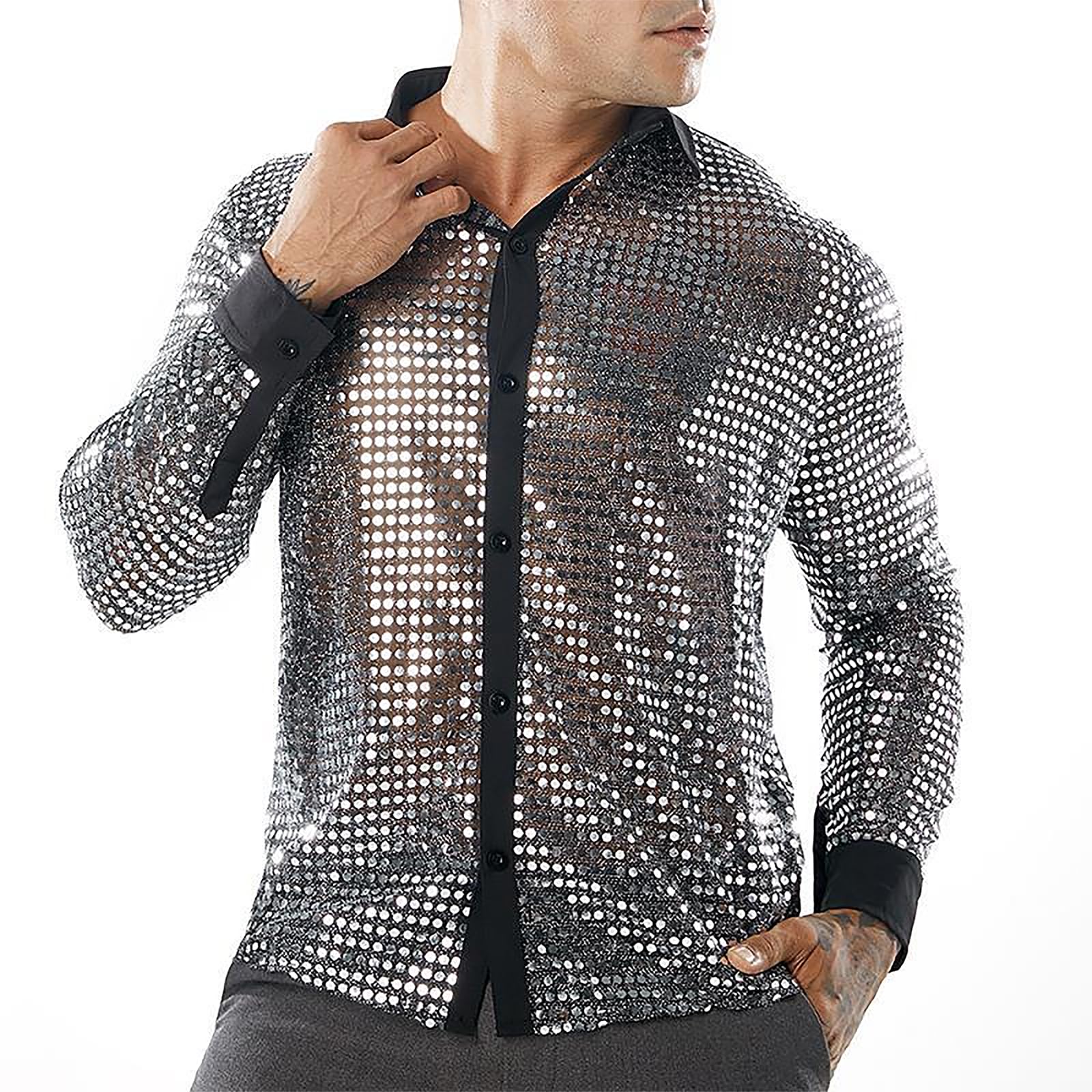 RUIXIA Chemise Disco Homme Chemise Paillettes Brillant Manches Longues Costume de Disco Style Rétro Années 70 80 Tenu Boutonné Semi-Transparent de Danse Bal Carnaval Fête Performance