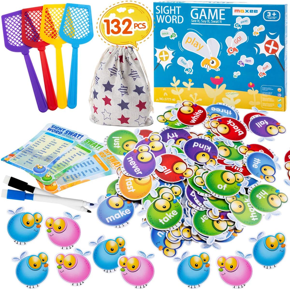Sight Word Games Educational Toy Sight Word Swat Game for Kindergarten Homeschoo for Kids Ages 4-8, Visual, Tactile and Auditory Learning,with Fly Swatters ,Word Charts & Storage Bag