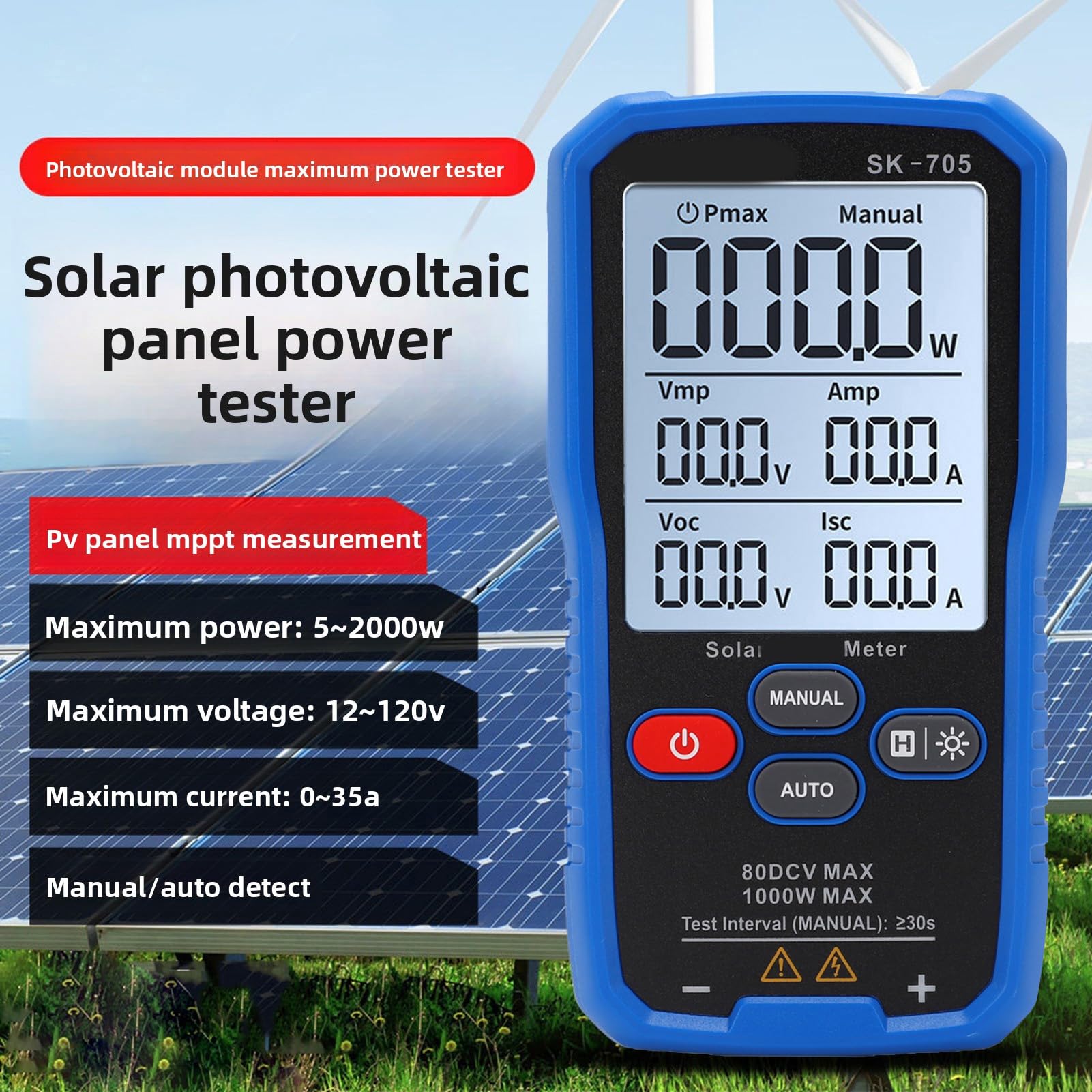 Naroote Tester Paneli Słonecznych, Miernik MPPT 2000 W, Multimetr Fotowoltaiczny z Czytelnym Wyświetlaczem LCD, Dokładny Pomiar i łatwe Zawieszenie do Testowania Fotowoltaiki