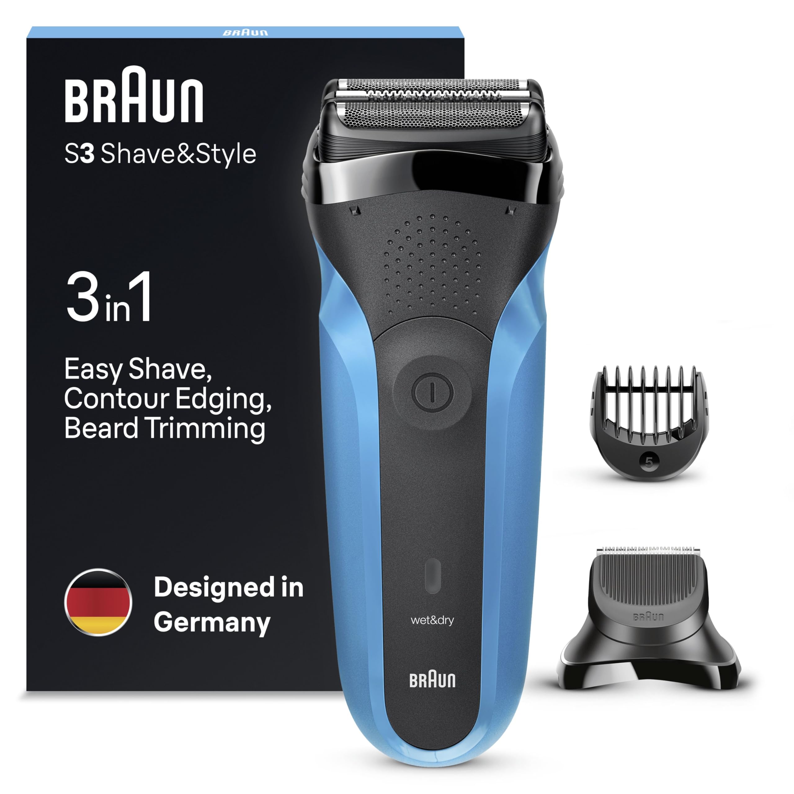 Braun Series 3 Shave&Style 310BT 3-In-1 Rasoio Elettrico Per Barba, Wet&Dry Con Regolabarba Di Precisione E 5 Pettini, Ricaricabile E Senza Fili, Nero/Blu