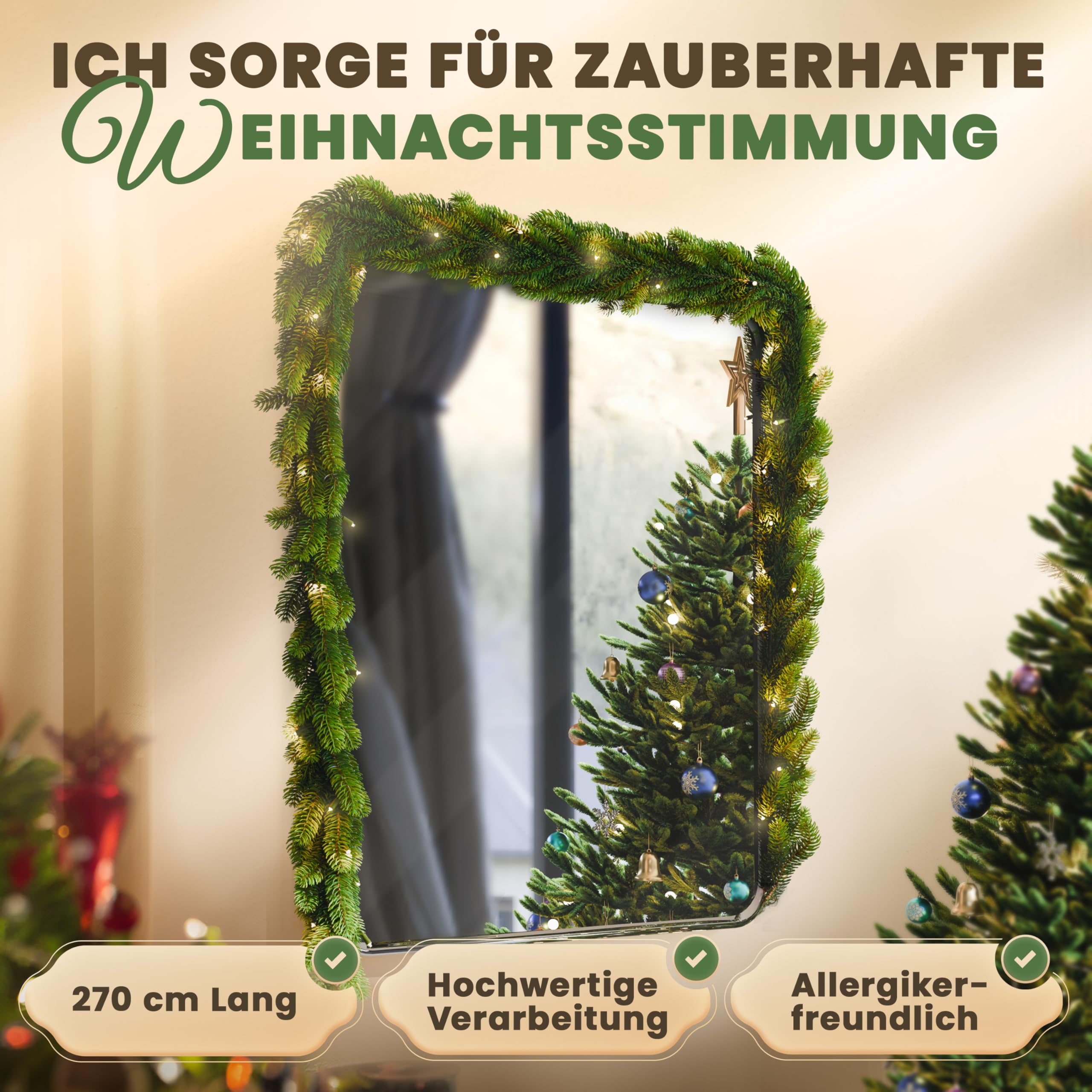 ArtiTree Weihnachtsgirlande - Naturgetreue Tannengirlande, 270cm Grün, LED-beleuchtet, Perfekt für Weihnachtsdeko, Treppengeländer & Türrahmen