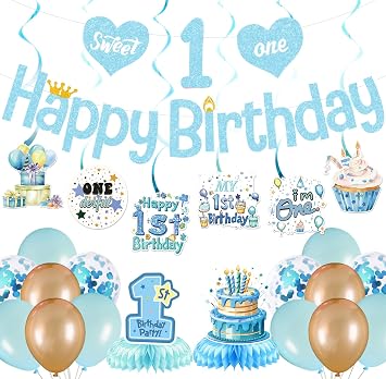 Blue First Birthday Decorations for Boy with Sweet One Happy 1st Birthday Banner Hanging Swirls Balloons Centerpieces 1st Birthdays Decorations for 1 Year Old Baby Boy