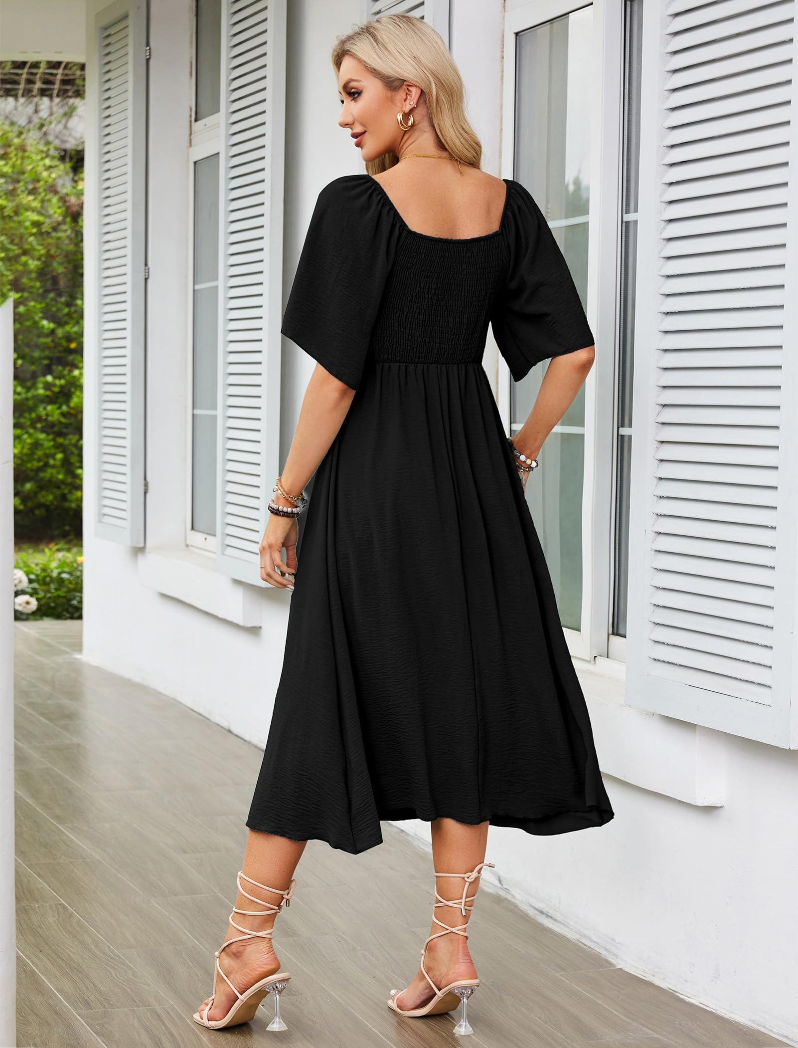 IDOPIP Kleid Damen Sommer Kurzarm Freizeitkleid mit Fliege Einfarig V-Ausschnitt Midikleid A-Linie Partykleid Cocktailkleid Elegant Festlich Hochzeit