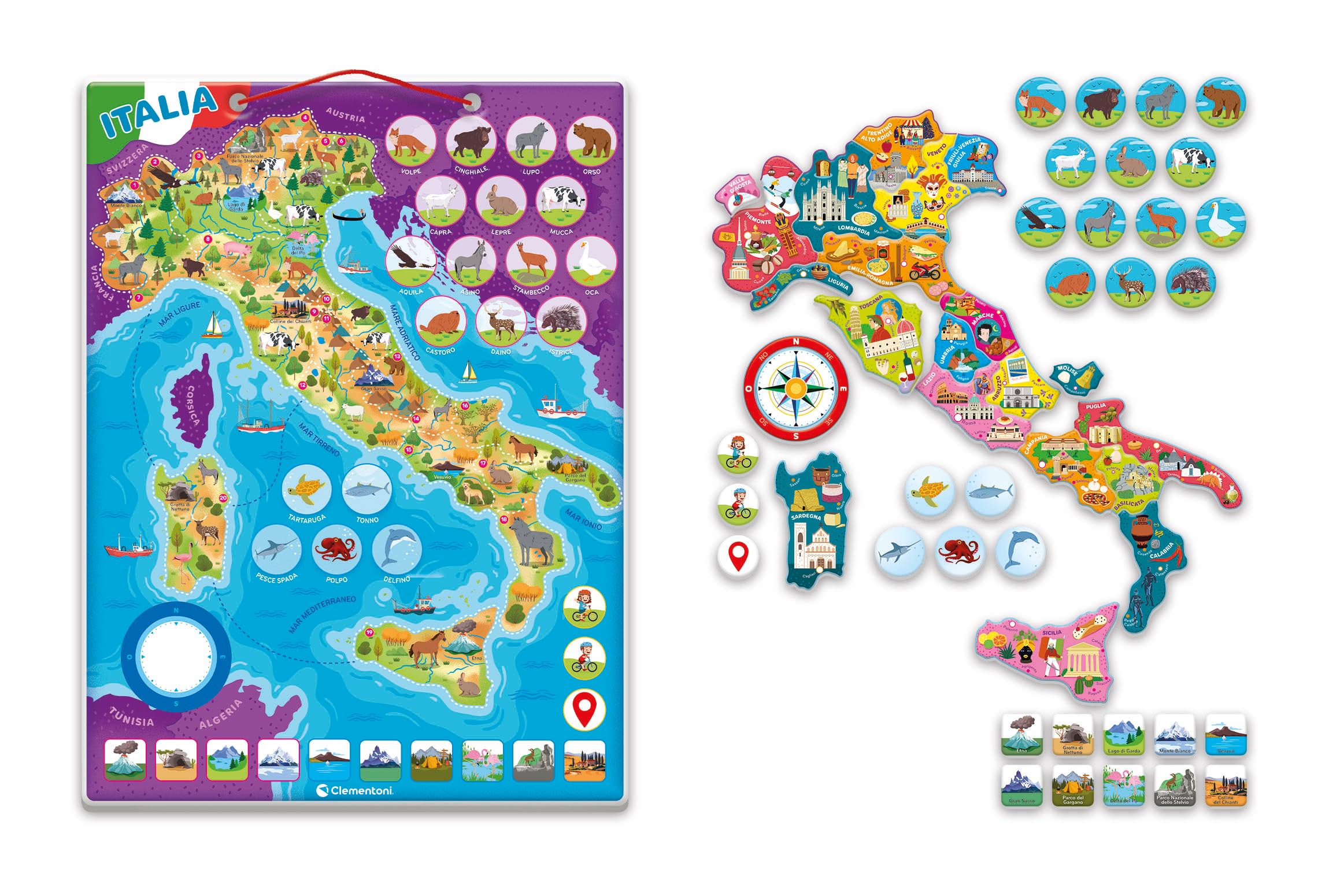 Clementoni Sapientino - Italia, Puzzle Magnetico, 4 Giochi in 1, 50+ Tessere Magnetiche, per Bambini 6-10 Anni, Scopri l'Italia con le Tessere Magnetiche, Idea Regalo, Made in Italy, 30x40 cm, 16690