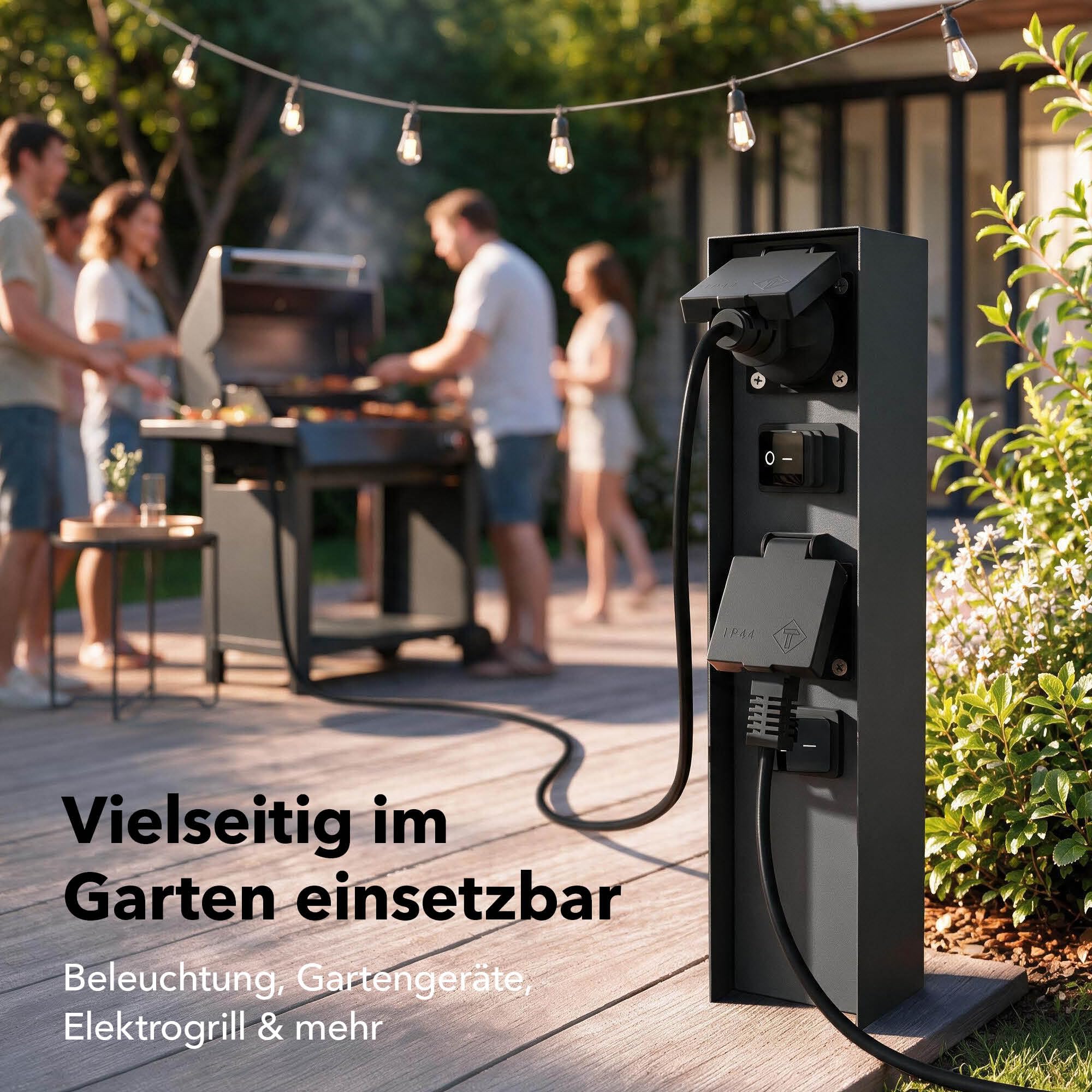 ledscom.de Colonnina con 3 prese da giardino POMI per esterni con interruttore, IP44, a 2 prese, acciaio inossidabile, antracite, squadrata, 33 cm