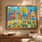 Cross & Glory - Colorful Canines: A Dog Park Day - 1000 Piece Folk Art Style Jigsaw Puzzle for Adults | Vibrant City Scene with Playful Pups | Perfect for Dog Lovers