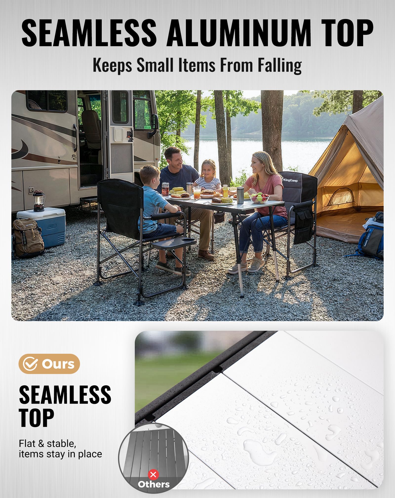 KingCamp Table de Camping Pliable Extra Large Réglable en Hauteur, 140x70cm 48-70cm avec Poches de Rangement, Légère & Stable pour Jardin, Balcon & Extérieur