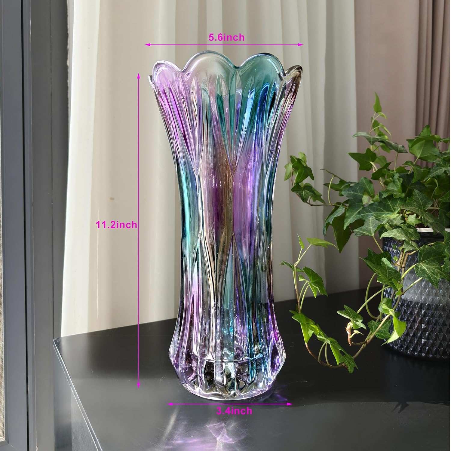11.2 Inch Glass Vase-Iridescent Purple and Teal Thickened Cylinder Colorful Flower Vase Decor for Home Dining Table Centerpiece Office Wedding Holiday Party - Image 2
