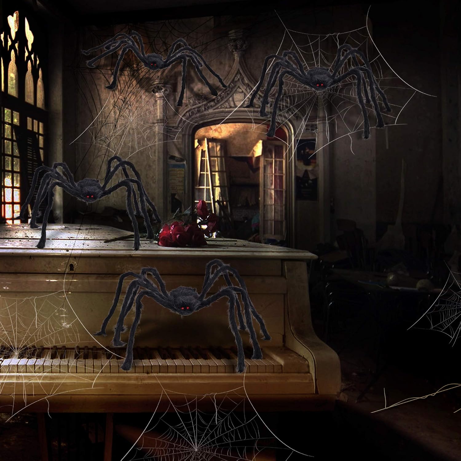 F FiGoal 4 Pack Halloween Giant Spider Spooky Hairy Spiders Halloween Indoor and Outdoor Yard Decoration Scary Creepy Black Spiders (Different Sizes up to 50'')
