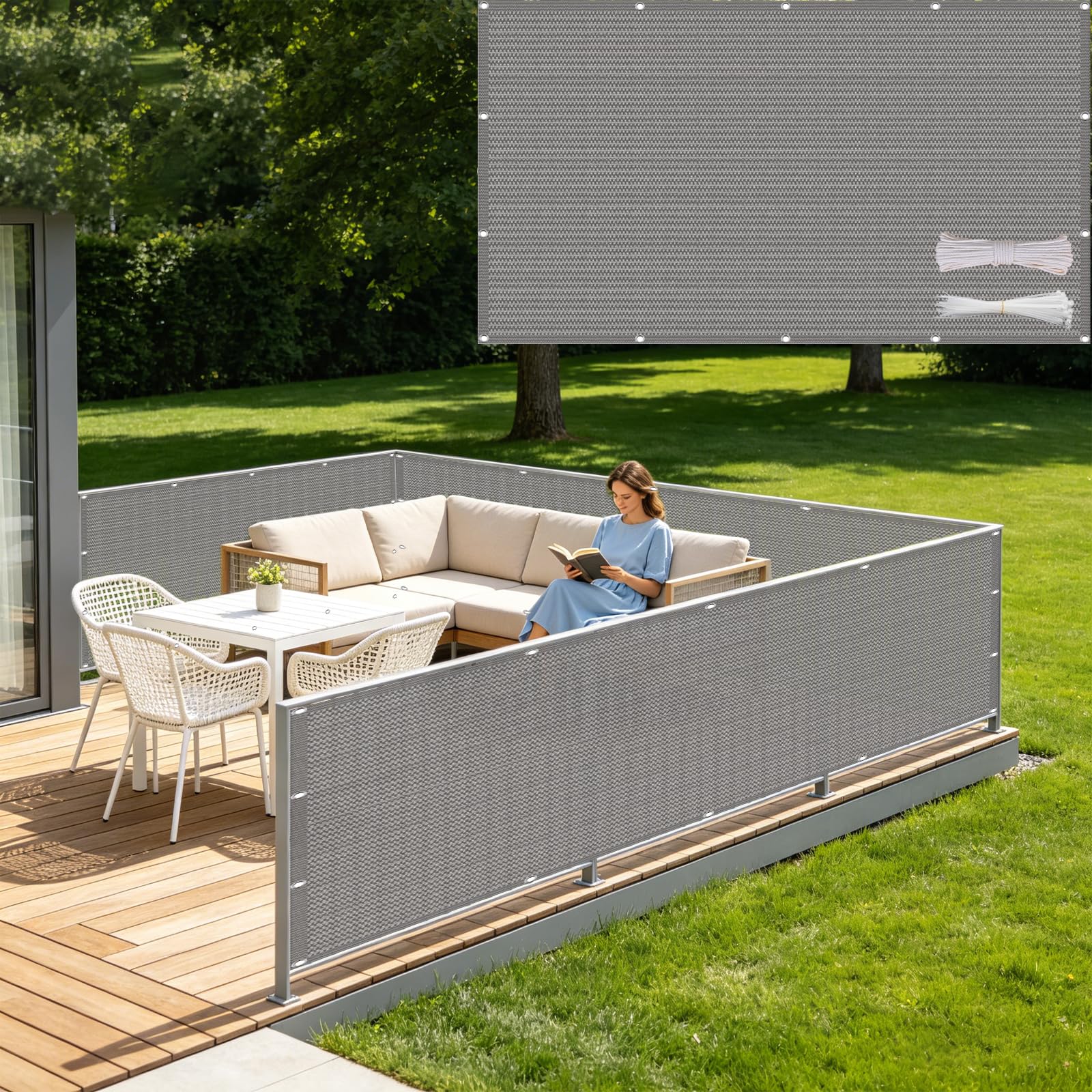 Écran D'Intimité Haute Densité en HDPE 220G M², Toile Grise Anti-UV pour Terrasse