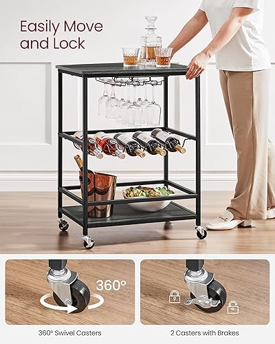 Miniatura 32 de VASAGLE Carrito de bar, carrito de servir, estante de cocina móvil con estante de copas de vidrio y soportes para botellas de vino, industrial,