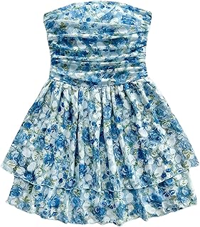 Girl's Floral Tube Top Dress Strapless Layered Ruffle Hem Ruched Flowy Boho Sundress - Buy now