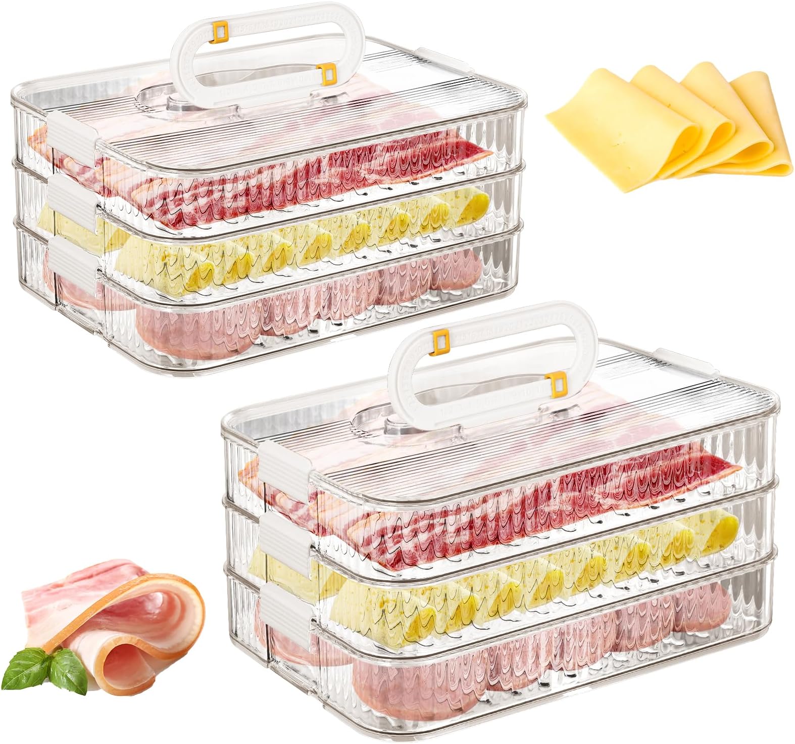 Deli Meat Container for Fridge, 2Pcs Meat and Cheese Container for Fridge, 3 Layer Stackable Bacon Keeper for Refrigerator Organizers and Storage Deli Containers with Lids Cold Cut Container