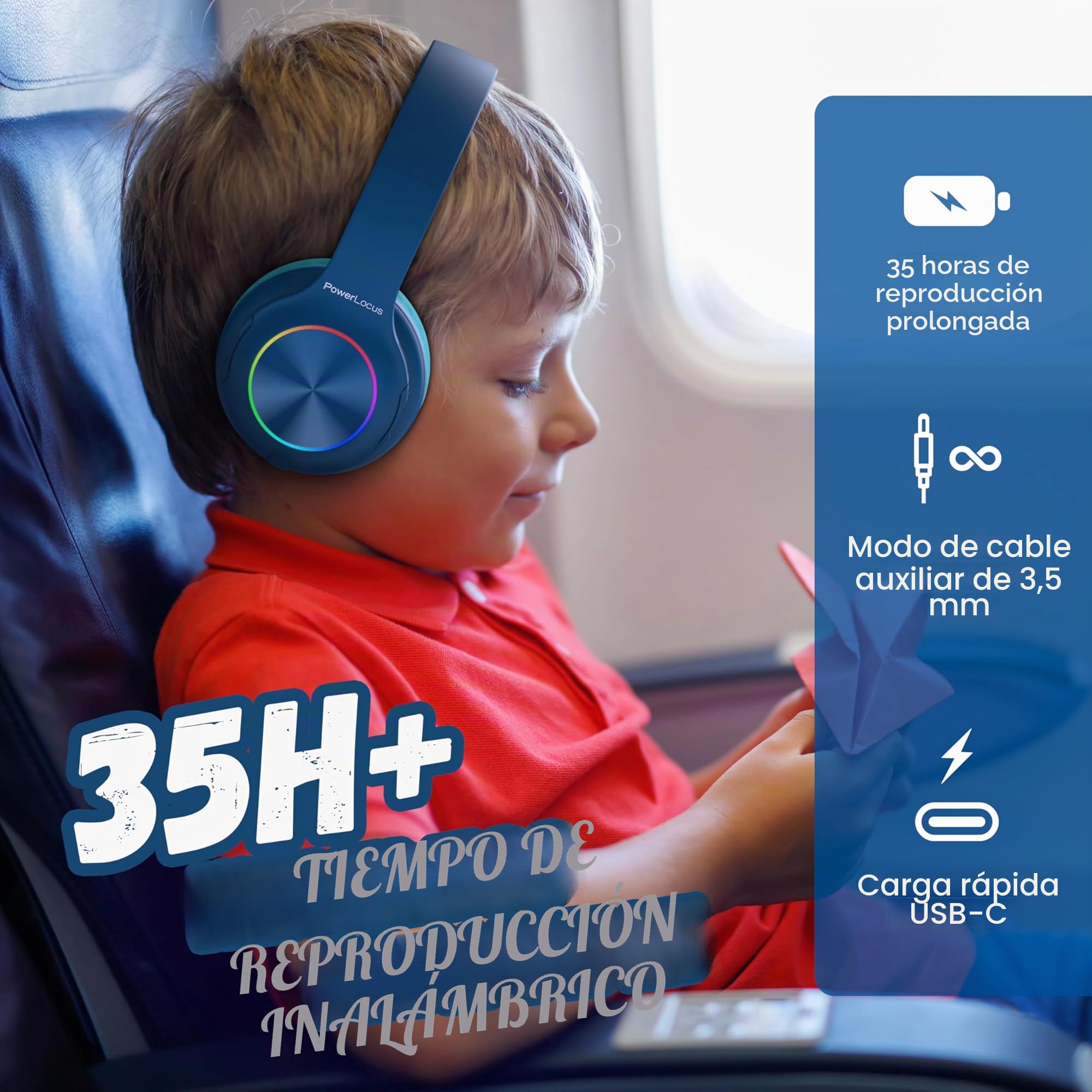 PowerLocus - Auriculares Bluetooth Plegables inalámbricos para niños con Luces LED, HD estéreo, USB-C de Carga rápida, micrófono Integrado, SD Modo y con Cable para iPhone/Tabletas/TV